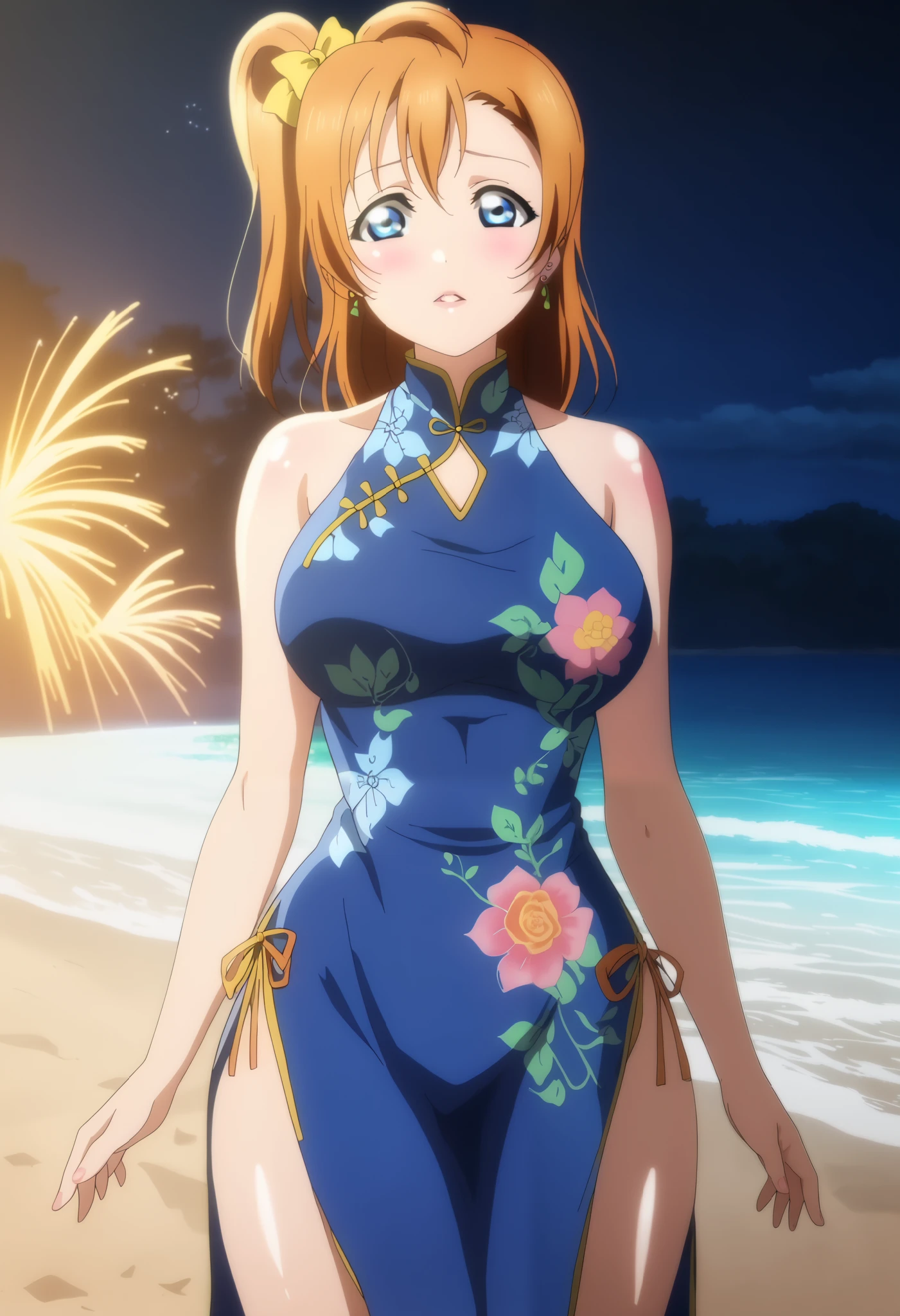 anime style, love live,kousaka honoka , love live, blue eyes, orange hair,earrings, (blushing:1.2), cowboy shot , beach, night, dynamic lighting, detailed shading,moist skin,shiny skin,dynamic angel of view,form-fitting Chinese-style qipao dress, teal blue with intricate silver embroidery. The dress has a halter neckline with a keyhole cutout, adorned with traditional Chinese knot buttons. The fabric features a subtle floral pattern, with a high side slit adding elegance. The material appears silky and slightly reflective, complementing the vibrant and sophisticated design, lipgloss,parted lips, thighs,big breasts,TRexStudio,anime screencap, anime coloring