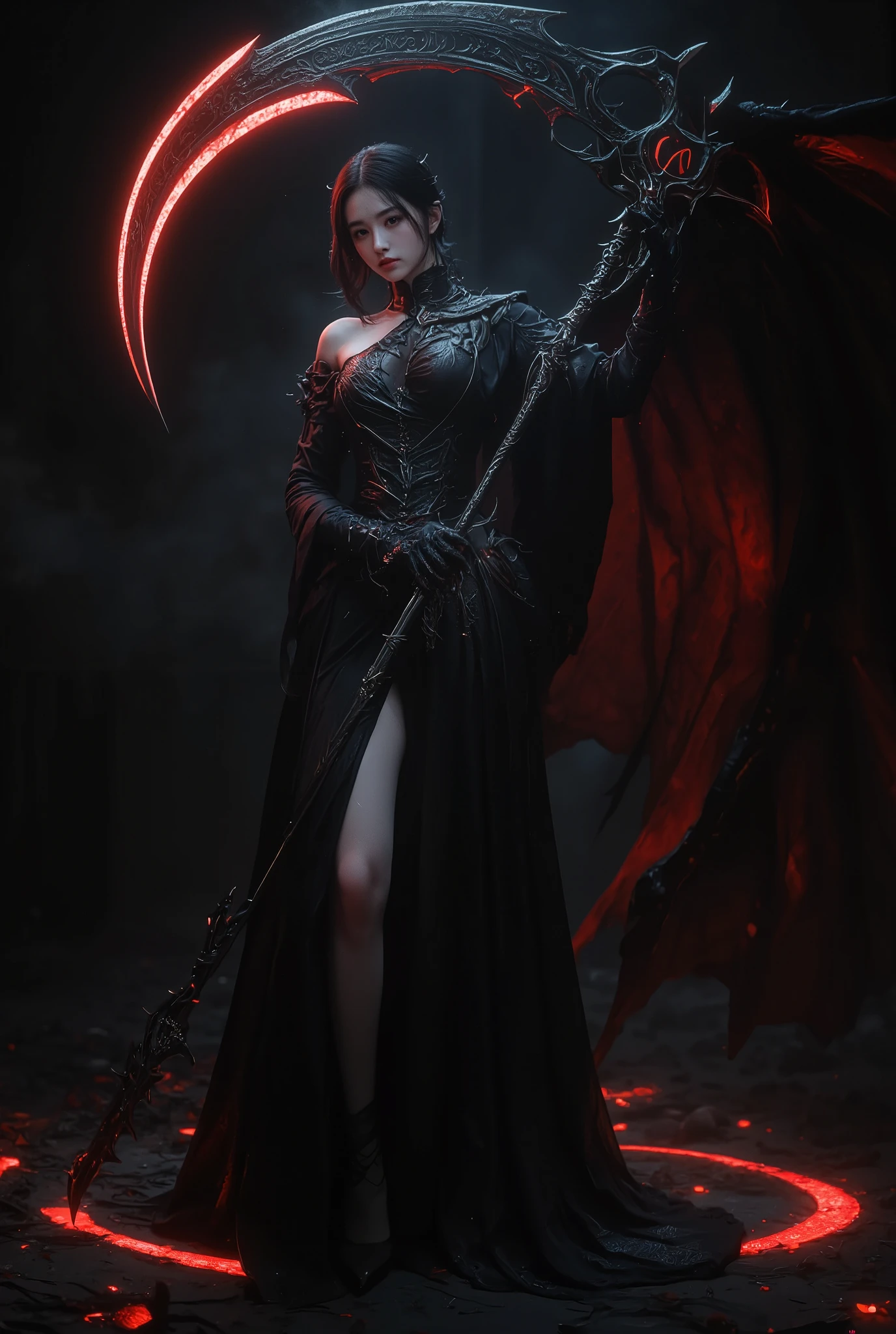a dark-haired woman in a black dress, the most beautiful female death in the world, holding a scythe with the letters "EM" engraved on it, dark fantasy, gothic, dramatic lighting, cinematic, detailed portrait, chiaroscuro, dramatic pose, intricate clothing folds, muted colors, moody atmosphere, highly detailed, photorealistic, 8k, masterpiece, neon colored