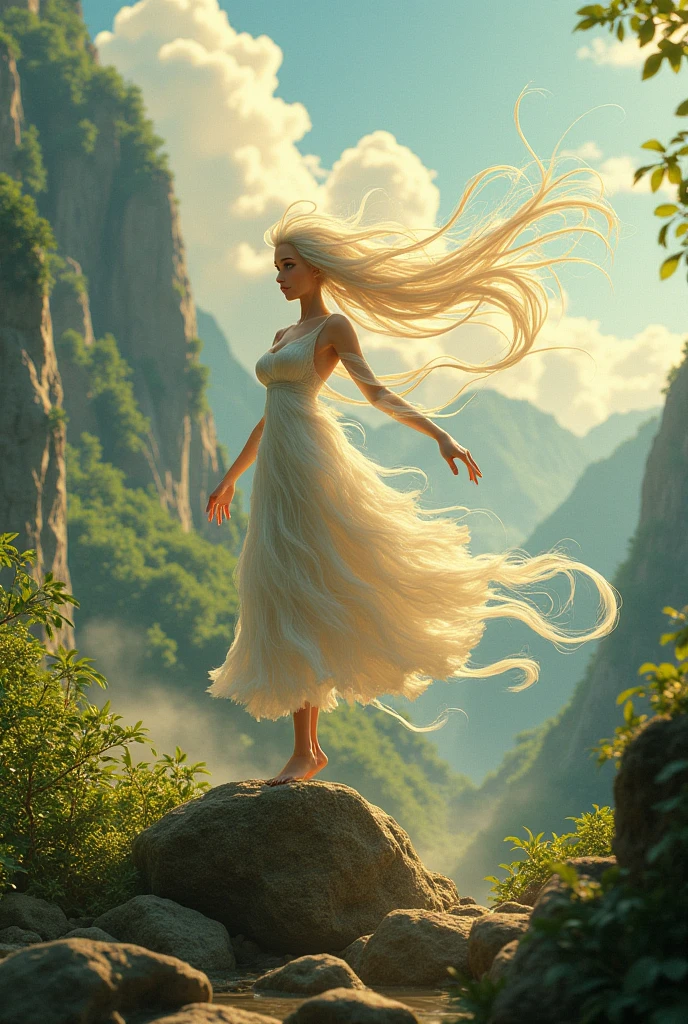 1girl, (hyperrealistic) photo of a woman standing on the edge of a mountain, inspiring, hair ribbons, eyes close, bending over, wearing only one white dress, blonde hair flowing in the air, ultra detailed scene, sky, sun, sunlight, full body, (detailed face), side view