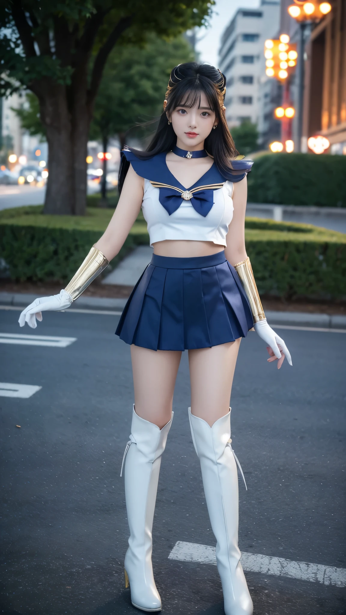 zPDXLrl, skor_9, explicit rating, masterpiece, best quality, ultra HD quality details, realistic. A young Korean girl in the middle of a city street, dressed in a fusion of Saint Seiya armor and Sailor Moon attire. She has distinctive features: tall and large body, baby face, large breasts, firm breasts, cleavage, thin lips, glossy lips, bright blue eyes, super short dark blue hair (styled like Sailor Saturn). She wears a dark blue pleated mini skirt, a super short pleated mini skirt, a dark blue choker, a large bow on her chest with a shiny dark blue brooch at its center, a dark blue sailor collar with two white stripes, long white gloves, and knee-high boots. Her Sailor outfit blends perfectly with Saint Seiya-style armor, featuring metallic gold shoulder guards at the edges of her sailor collar, metallic gold waist guards on both sides (but not covering her mini skirt), metallic gold arm guards (without fully covering the gloves), and metallic gold leg guards (without fully covering the boots). Her outfit is elegant, sexy, and intricately designed, complementing the elegance of her Sailor uniform. She stands upright, staring directly at the camera, exuding both strength and grace, with a realistic blurred city street and trees in the background.