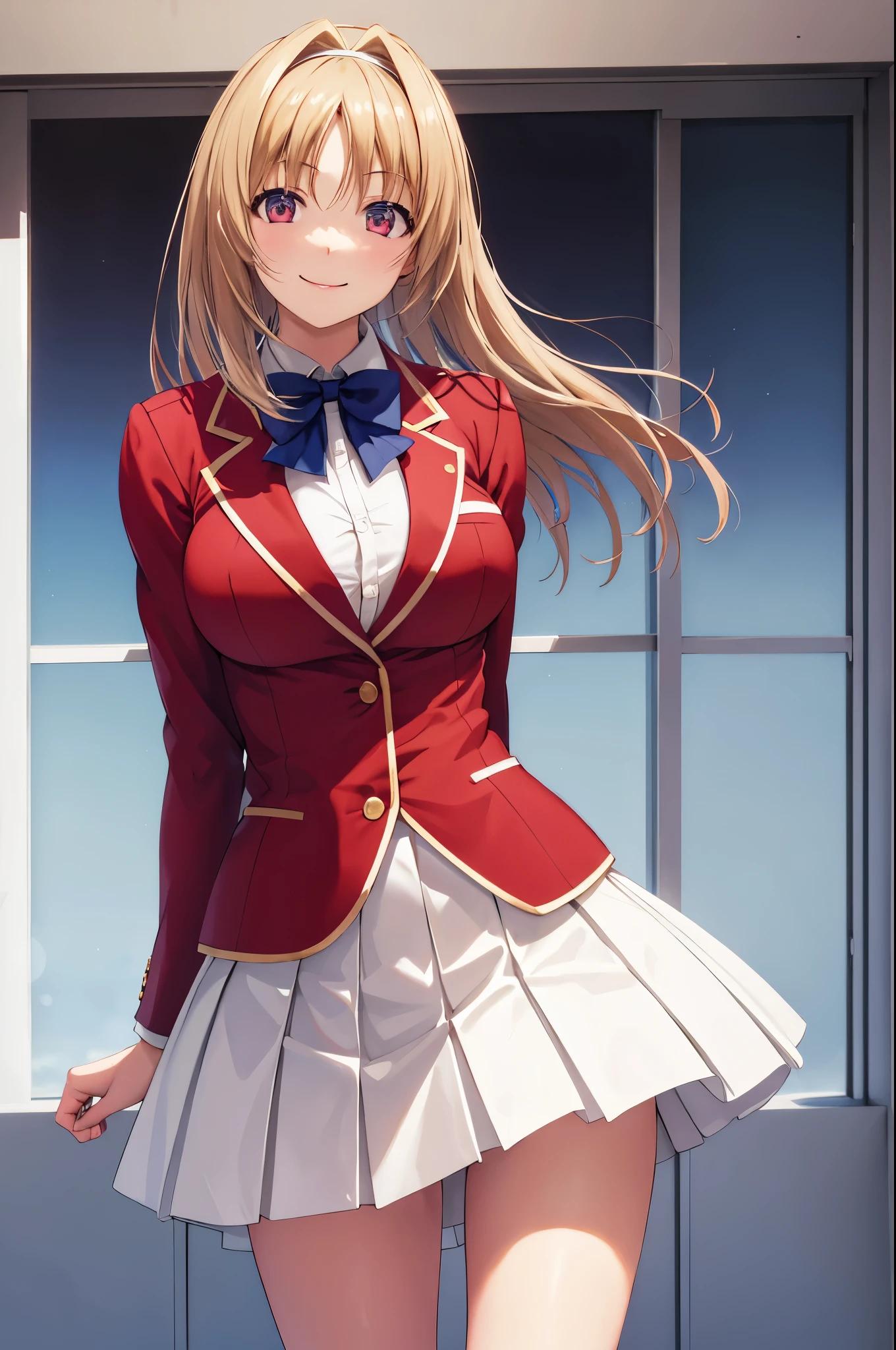 masterpiece, best quality, highres, aakikyo, medium hair, hair intakes, white hairband, blue bowtie, collared shirt, blazer, red jacket, long sleeves, white skirt, pleated skirt, thigh, cowboy shot, standing, in school, arms behind back , smile ,closed mouth,glossy lips