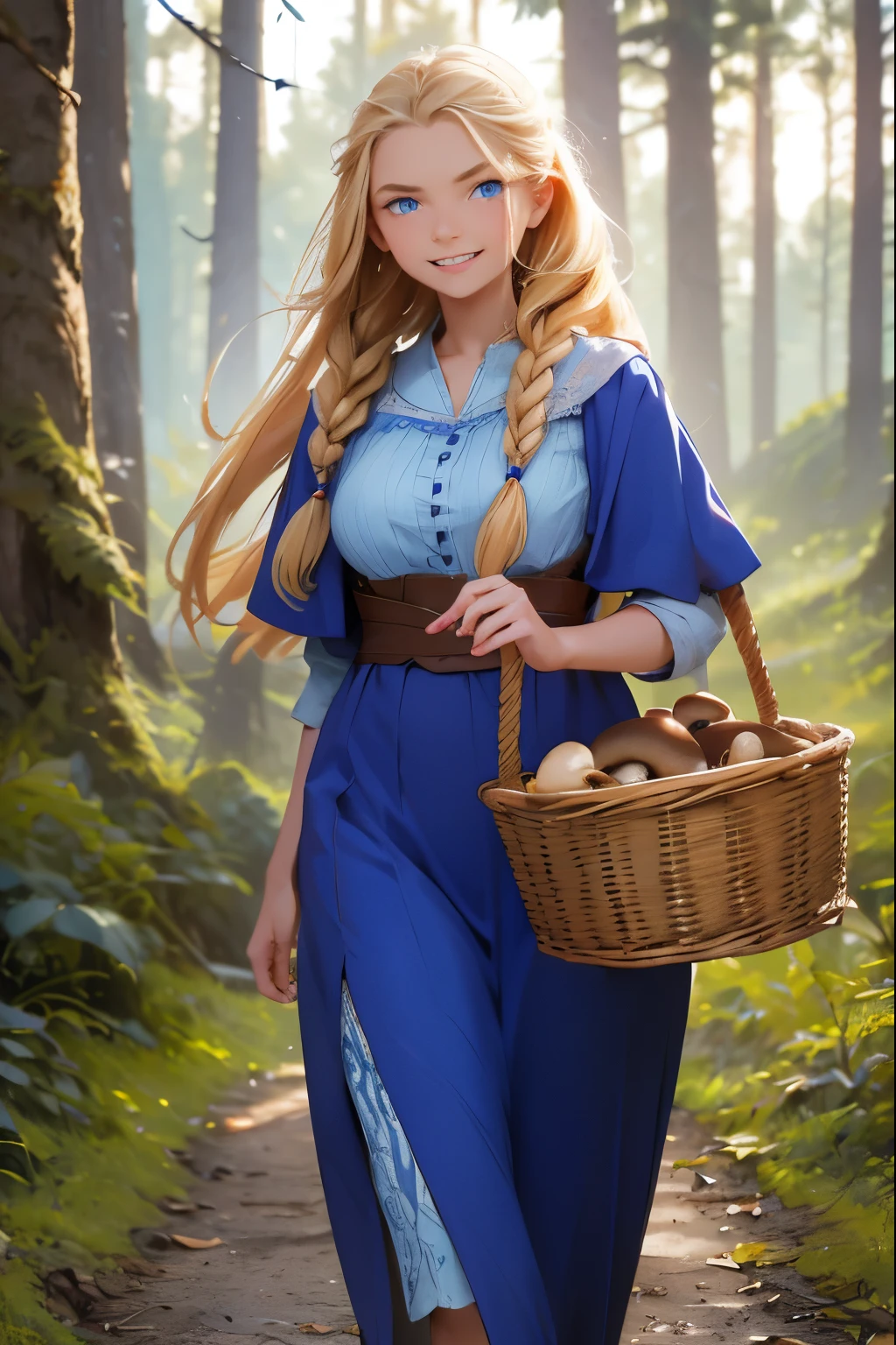 A beautiful girl from a Russian village . She is 20 years old . Breast size 5 . Blonde hair gathered in a braid . blue eyes . she laughs . walks out of the forest with a basket full of mushrooms .