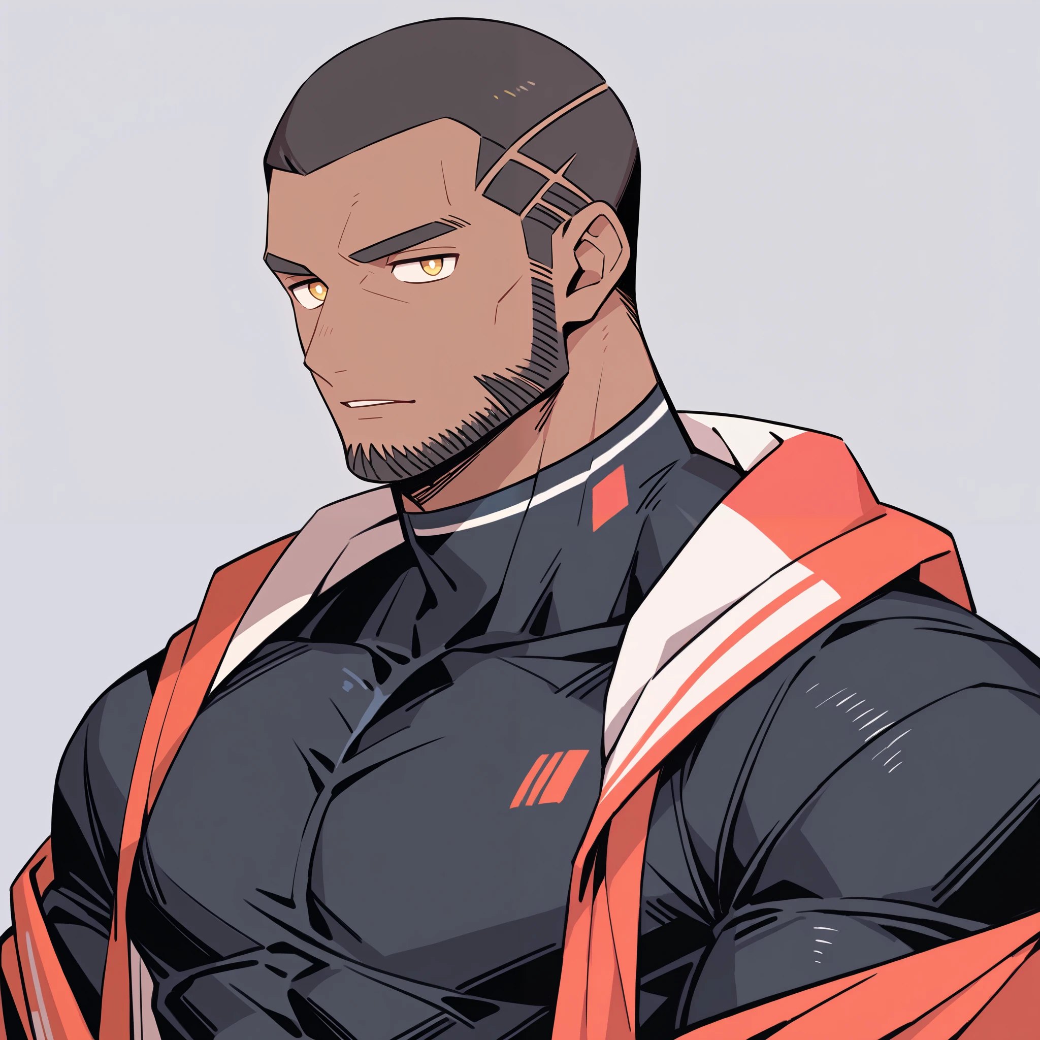 anime characters：solo, black skin, dark skin, tanned, Muscle Sports Student, mature male, daddy, Buzz Cut, Manliness, male focus, fantasy-styled clothes, Very tight, full and perky chest muscles, muscular male, muscular, only, Upper body, alone, Black short hair, black beard, thick beard, Thick eyebrows, stubble, Brown-yellow pupils, Grey background, simple background, amazing quality, best aesthetics, parted lips, bright pupils, seductive smile, serious face, best quality, medium shot