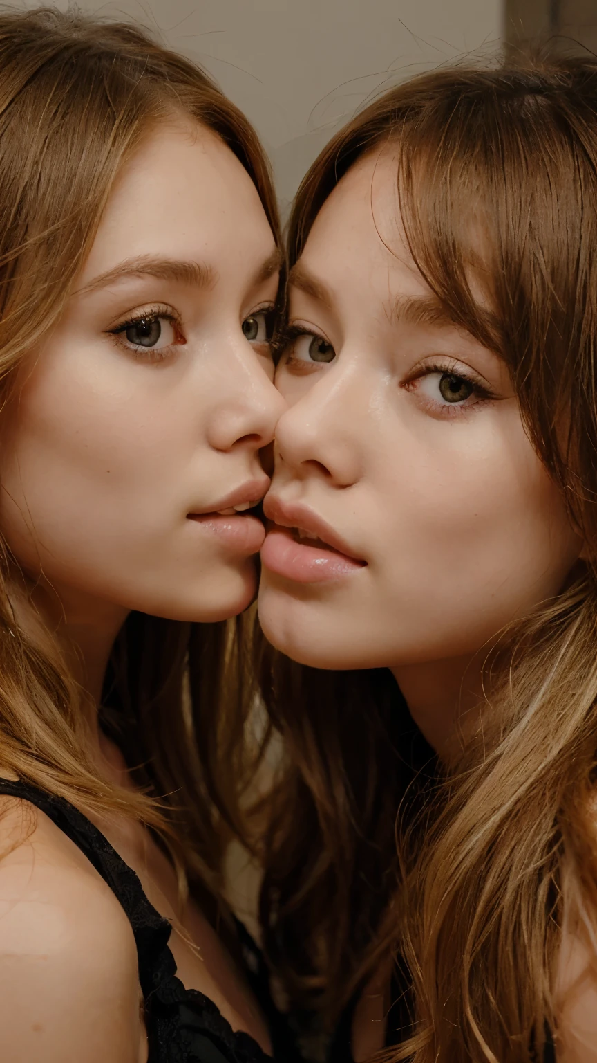 two girls one with long blonde hair the other with short brown hair and they kiss with their tongue