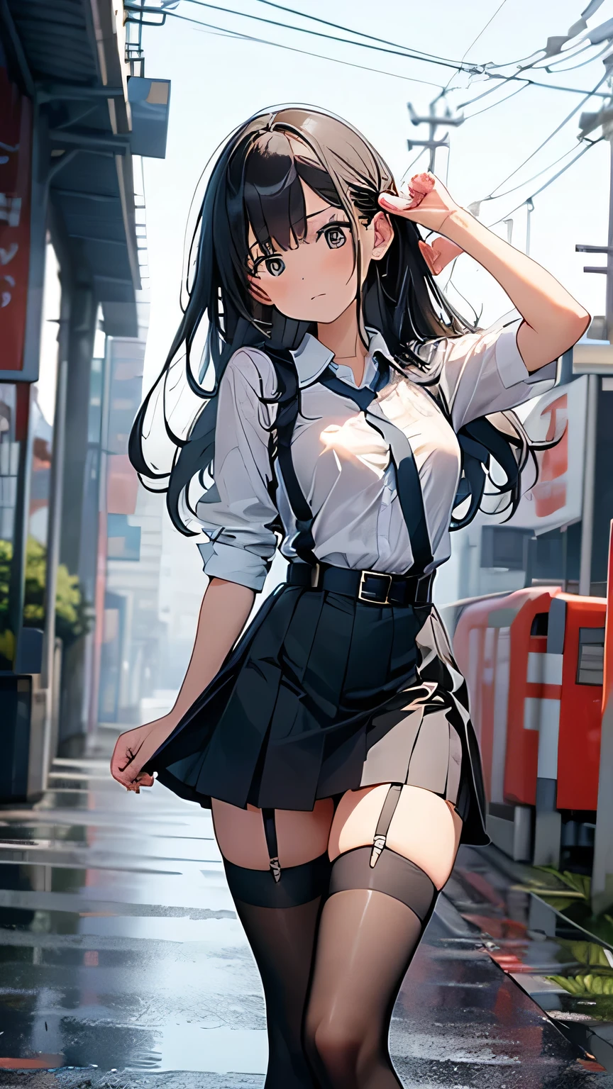 woman,14 years old,,city,night,(((white and blue tight miniskirt))),,open mouth smile(())(See-through),((lift the skirt)),((Satin Nariko)),blush、surprised face,((())),(())(wet with sweat)
