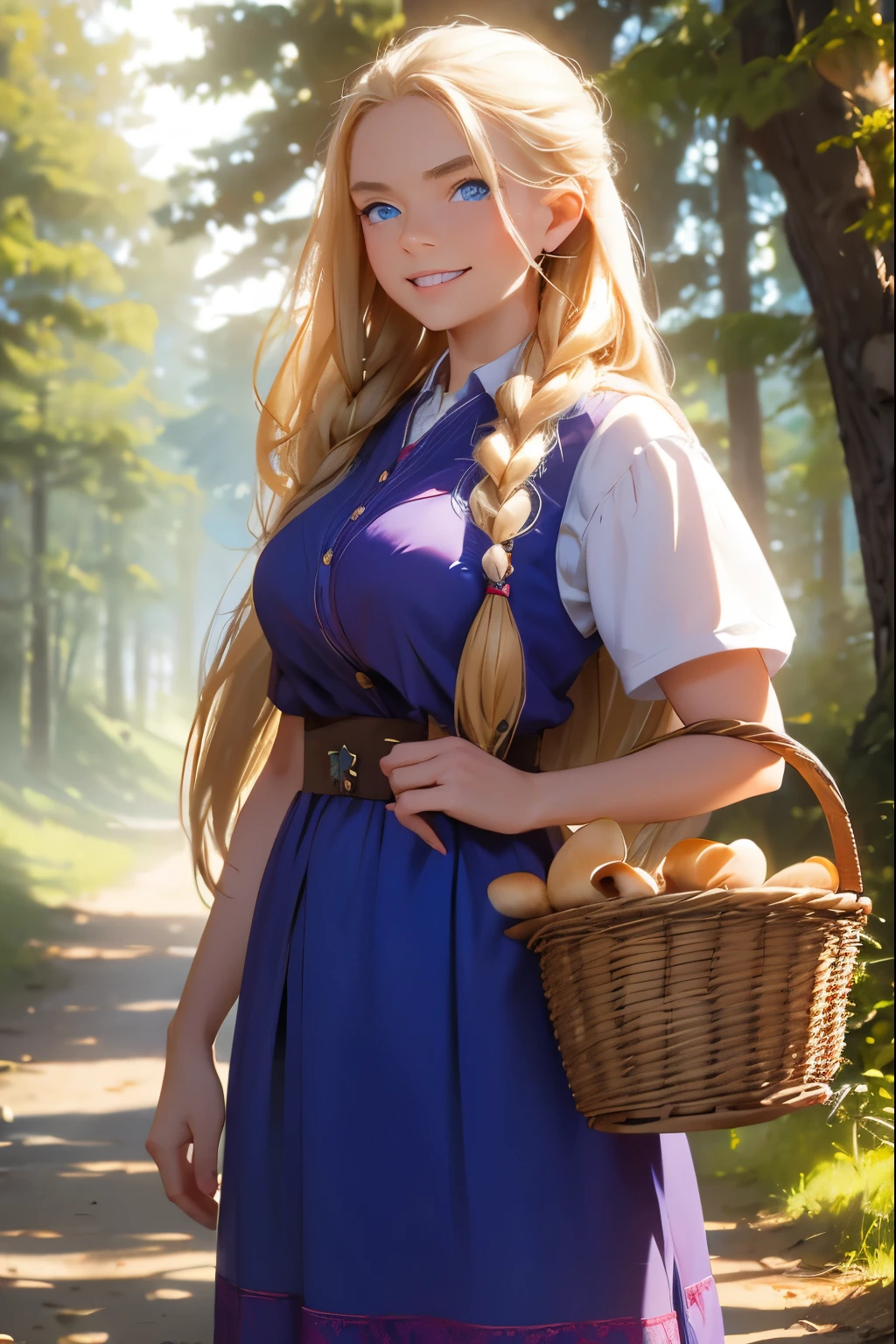 A beautiful girl from a Russian village . She is 20 years old . size 5 . Blonde hair gathered in a braid . blue eyes . she laughs . walks out of the forest with a basket full of mushrooms .