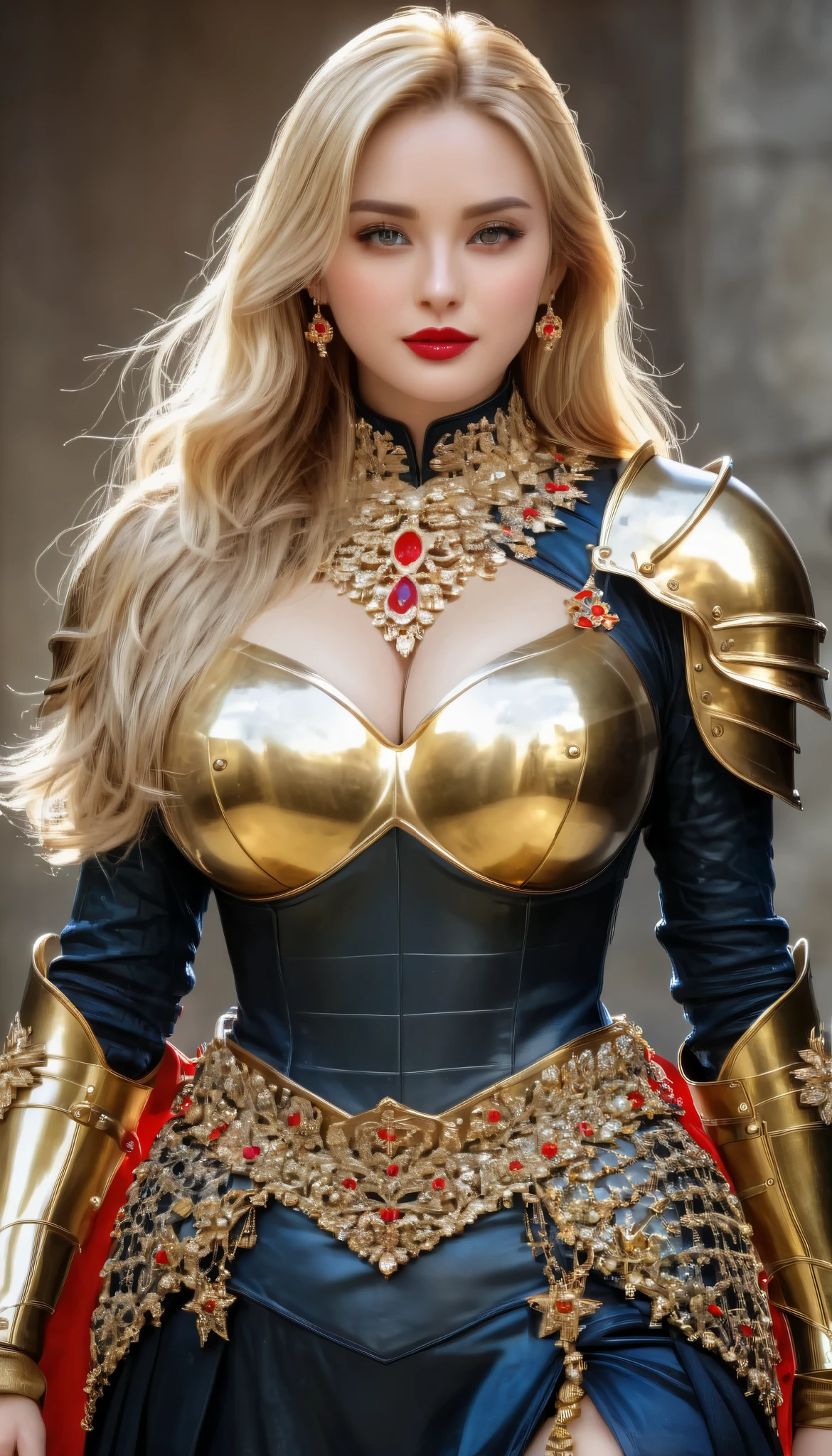 masterpiece,Highest quality,wonderful,(womanの騎士_woman:1),(Golden Armor:1.3), (35歳のwoman騎士:1.3),、Big and ample breasts,,Hyper Real,中世ヨーロッパの都市のbattlefieldにいる,Expressionless,、イギリス人woman、Delicate skin texture to the smallest detail 、(Detailed blue eyes)、(Chubby body type))、(Very large breasts)、中年woman、(ふわふわblondeの長い髪)、Sunburned skin、(blonde)、(((Very large breasts)))、woman騎士、(((Big cleavage)))、Richly decorated gold armor、Medieval witch、Golden long boots with flashy decorations、Deep neckline、Pure gold and jewellery necklaces and collars、Big gold earrings、Bright red lips、Dressed in luxurious gold armor、Gold Long Gloves、She has a big long sword、The sword is ornately decorated..........................、The blade is pitch black、(woman騎士)、(battlefield)、