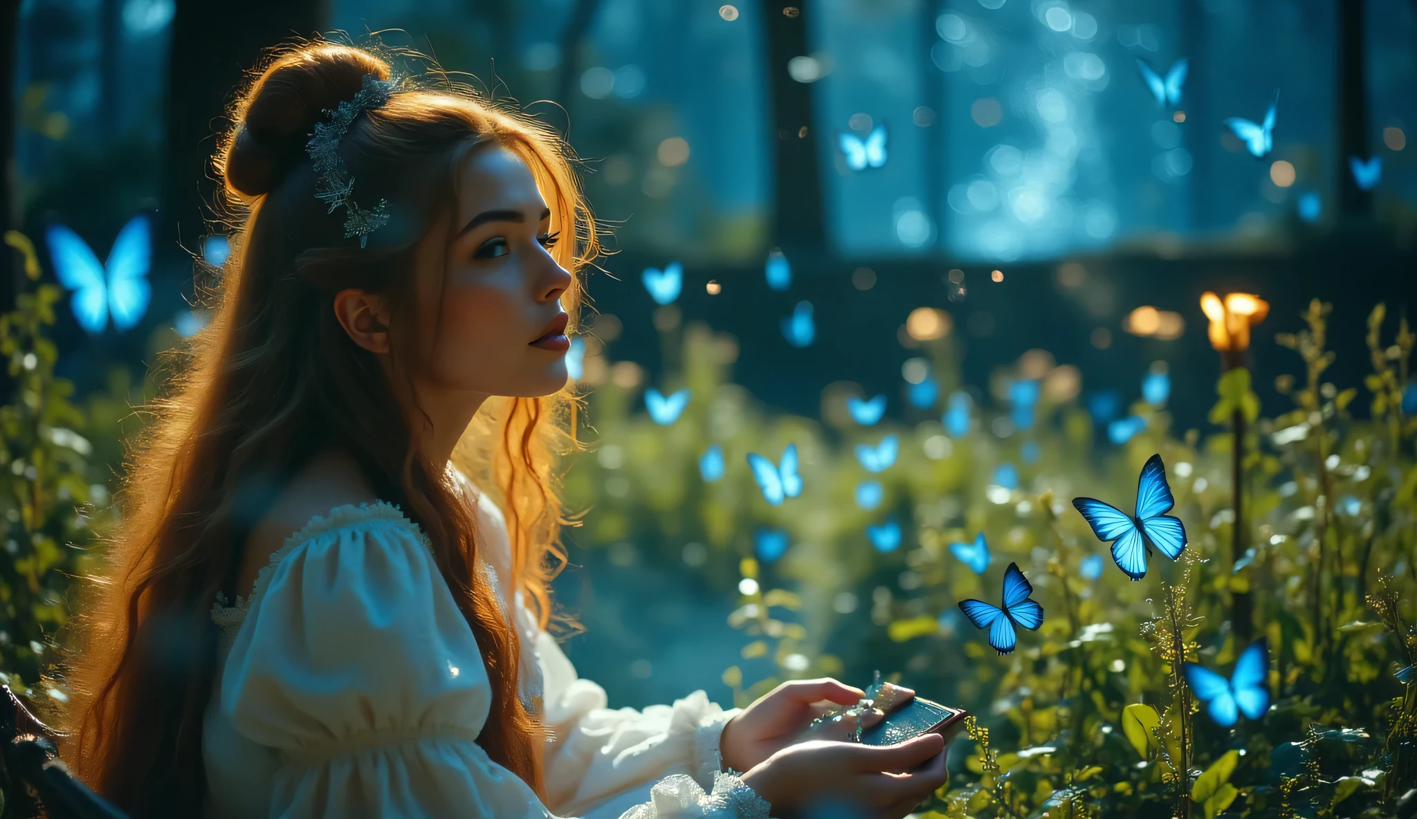 8 to the photo A girl is sitting on a bench, she has an elven dress , she has a revealing white dress , The action around the girl is flying blue butterflies , the girl's hair is yellowish , and the girl's face has freckles in the sky fireflies flying outside the night is a very beautiful starry sky like in an anime, a girl has long hair
girl looks at the sky