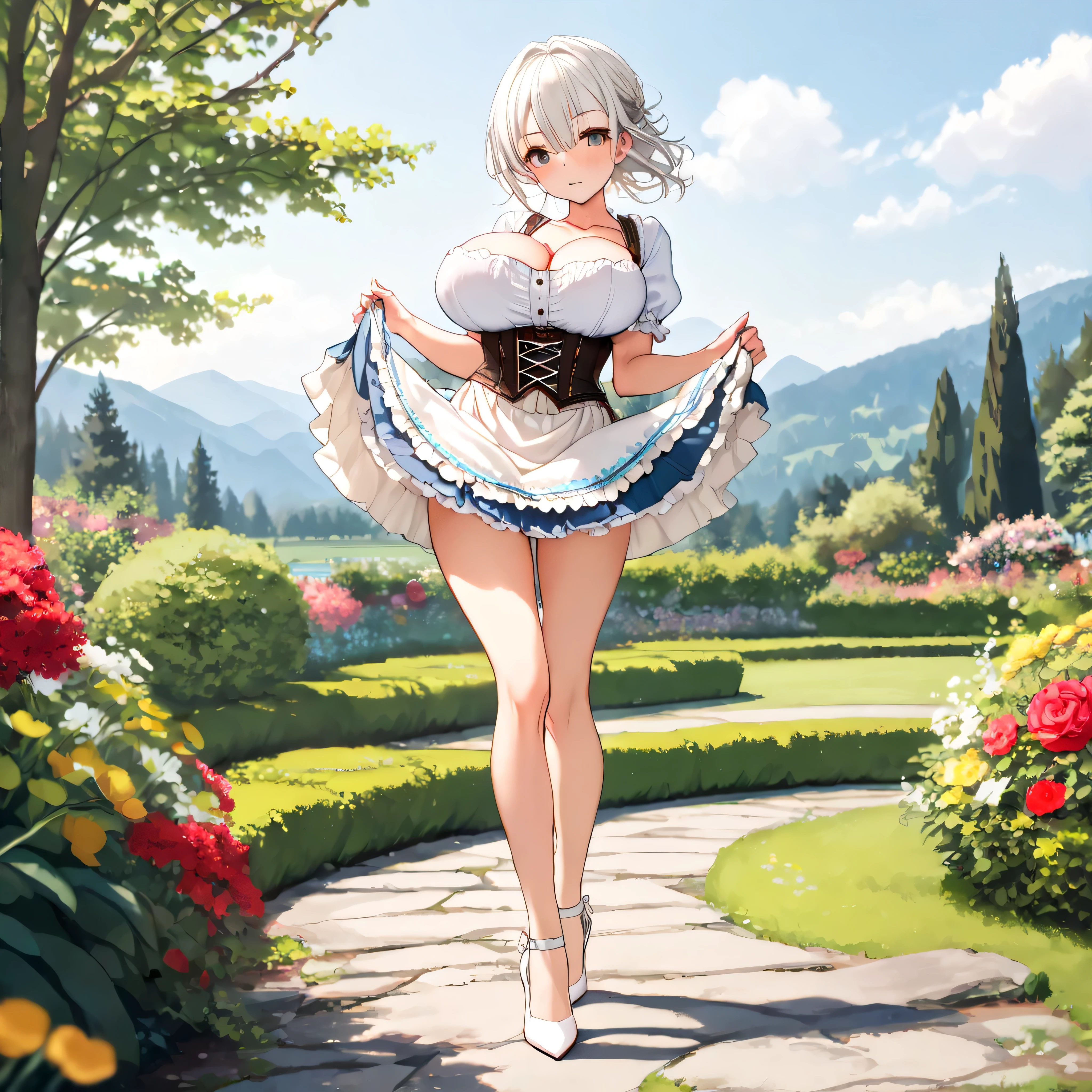 masterpiece, landscape, garden, BREAK, (1 skinny girl standing), (dirndl), wiry corset cinches underbust too tight, (too short skirt), BREAK, curtsey, (both hands lifting short skirt up to higher than waist:1.2), (show off white panty:1.5), nsfw, BREAK, (bursting large breasts), cleavage, too narrow waist, skinny waist, small stomach, skinny hip, skinny legs, stiletto heels, tiptoe