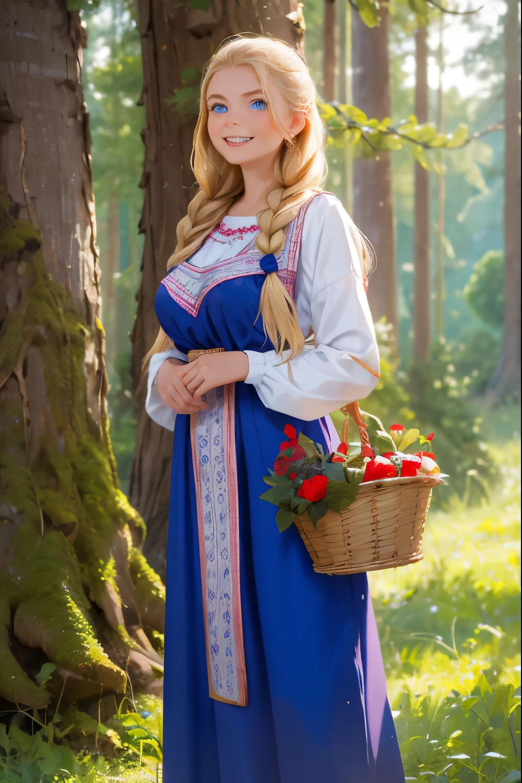 A beautiful girl from a Russian village . She is 20 years old . Breast size 5 . Blonde hair gathered in a braid . blue eyes . she laughs . walks out of the forest with a basket full of mushrooms .