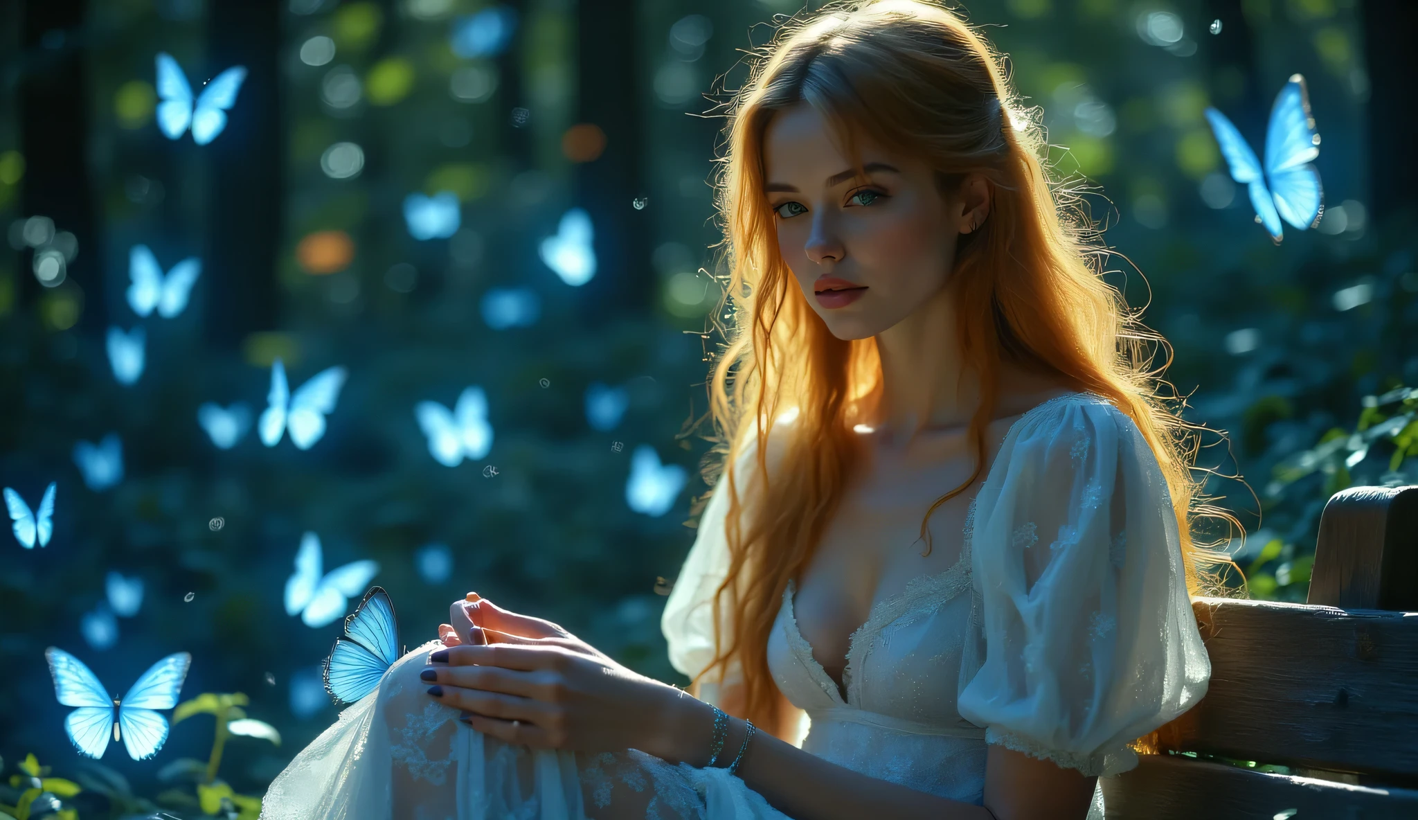 8 to the photo A girl is sitting on a bench, she has an elven dress , she has a revealing white dress , The action around the girl is flying blue butterflies , the girl's hair is yellowish , and the girl's face has freckles in the sky fireflies flying outside the night is a very beautiful starry sky like in an anime, a girl has long hair
girl looks at the sky