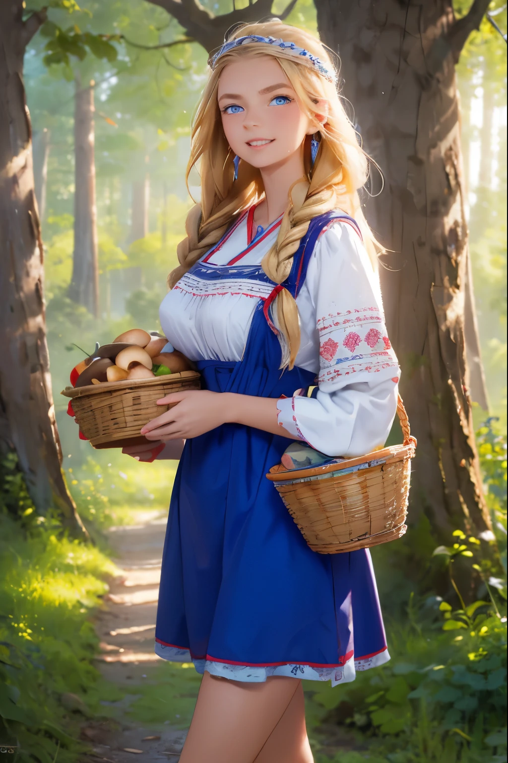 A beautiful girl from a Russian village . She is 20 years old . Breast size 5 . Blonde hair gathered in a braid . blue eyes . she laughs . walks out of the forest with a basket full of mushrooms .