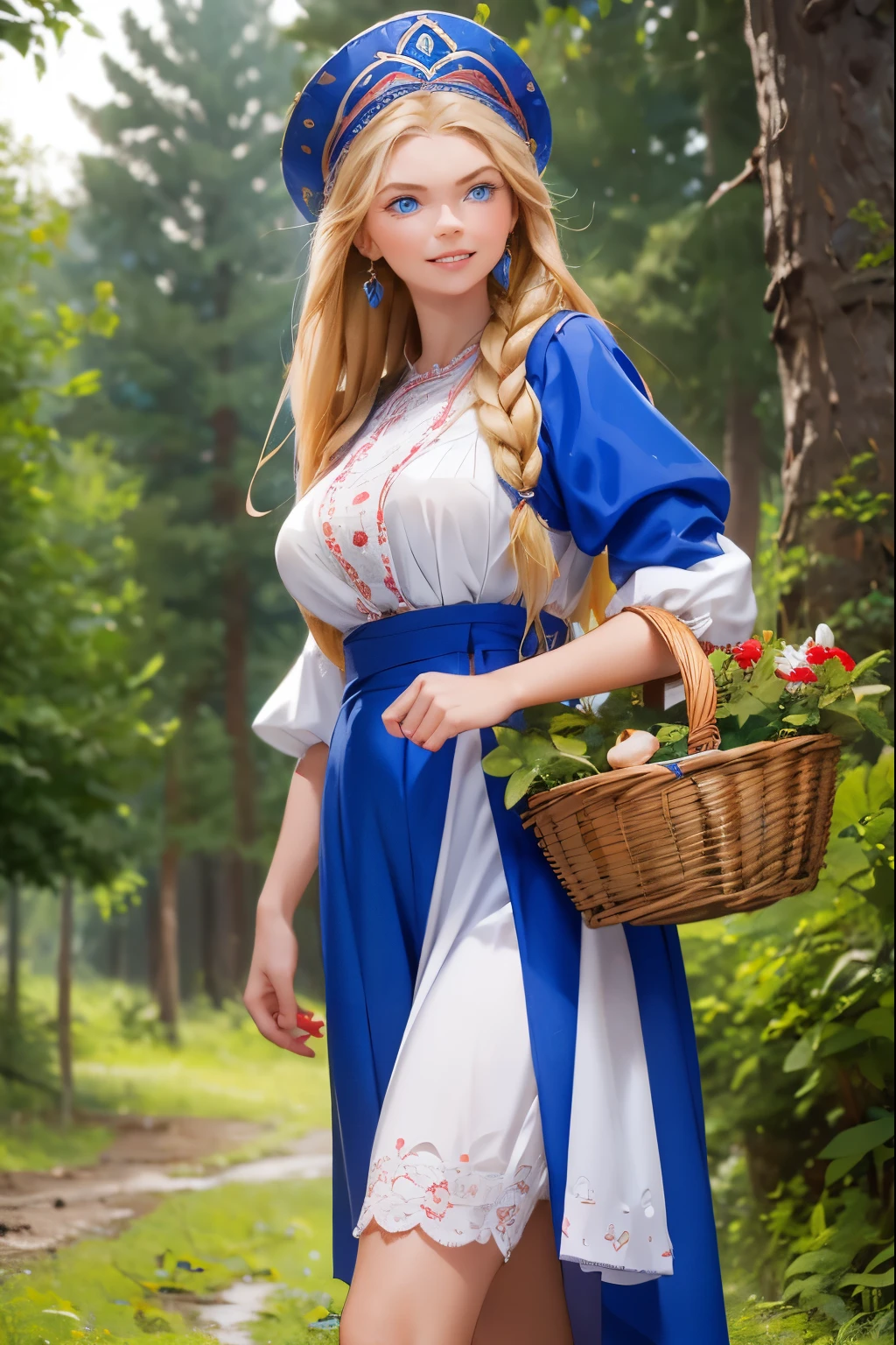 A beautiful girl from a Russian village . She is 20 years old . Breast size 5 . Blonde hair gathered in a braid . blue eyes . she laughs . walks out of the forest with a basket full of mushrooms .