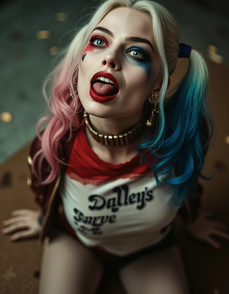 ((Arlequina de "Birds of Prey - Harley Quinn and her Fantabulous Emancipation")), inspirada em Margot Robbie, auto retrato hiper-realista, 8k UHD, DSLR, grain of film, pintura fotorrealista Fujifilm XT3 arte midjourney, ((corpo inteiro)),