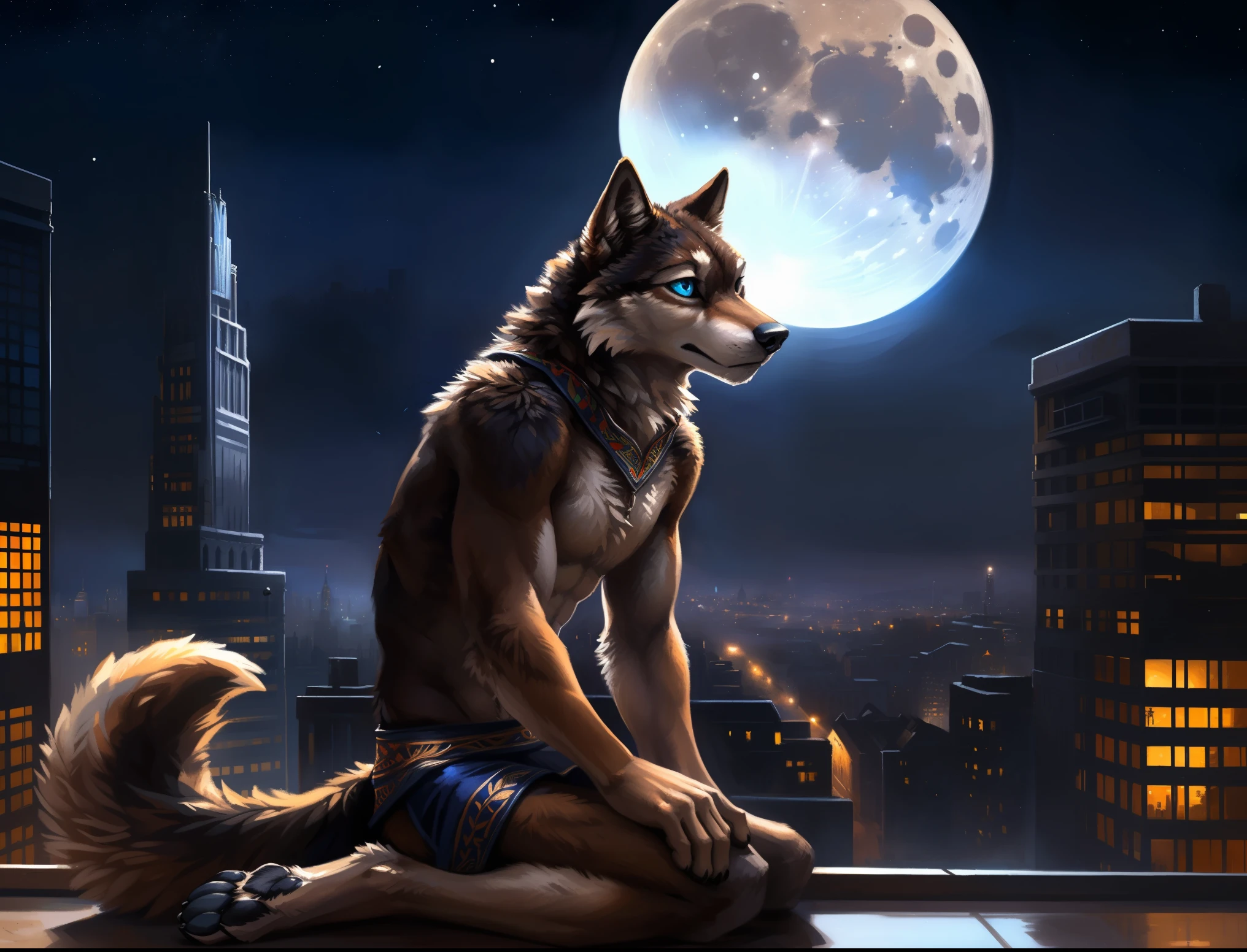 ((Solo)), male people, anthro wolf, (Multi-colored fur, White-brown:1.3), ((Wolf face, Big eyes, White eyelids, Blue pupil, Slim:1.2) (Tough, Calm expression:1.2)), (Height 2.1 meters,Tail length 1.5m), Abs, Slim, pinging, (Correct anatomy), (Work shorts:1.1), (Contour bone:1.2), The upper body is naked, (detailed outfits), a long large tail,Feet,(Realistic fur, Detailed fur texture, labeled:1.3)), (Natural lighting), Photorealistic, Hyperrealistic, ultradetailed, by Kenket,In the modern city,Roof,the night,Sit alone,Look at the full moon,It was dark,Starry