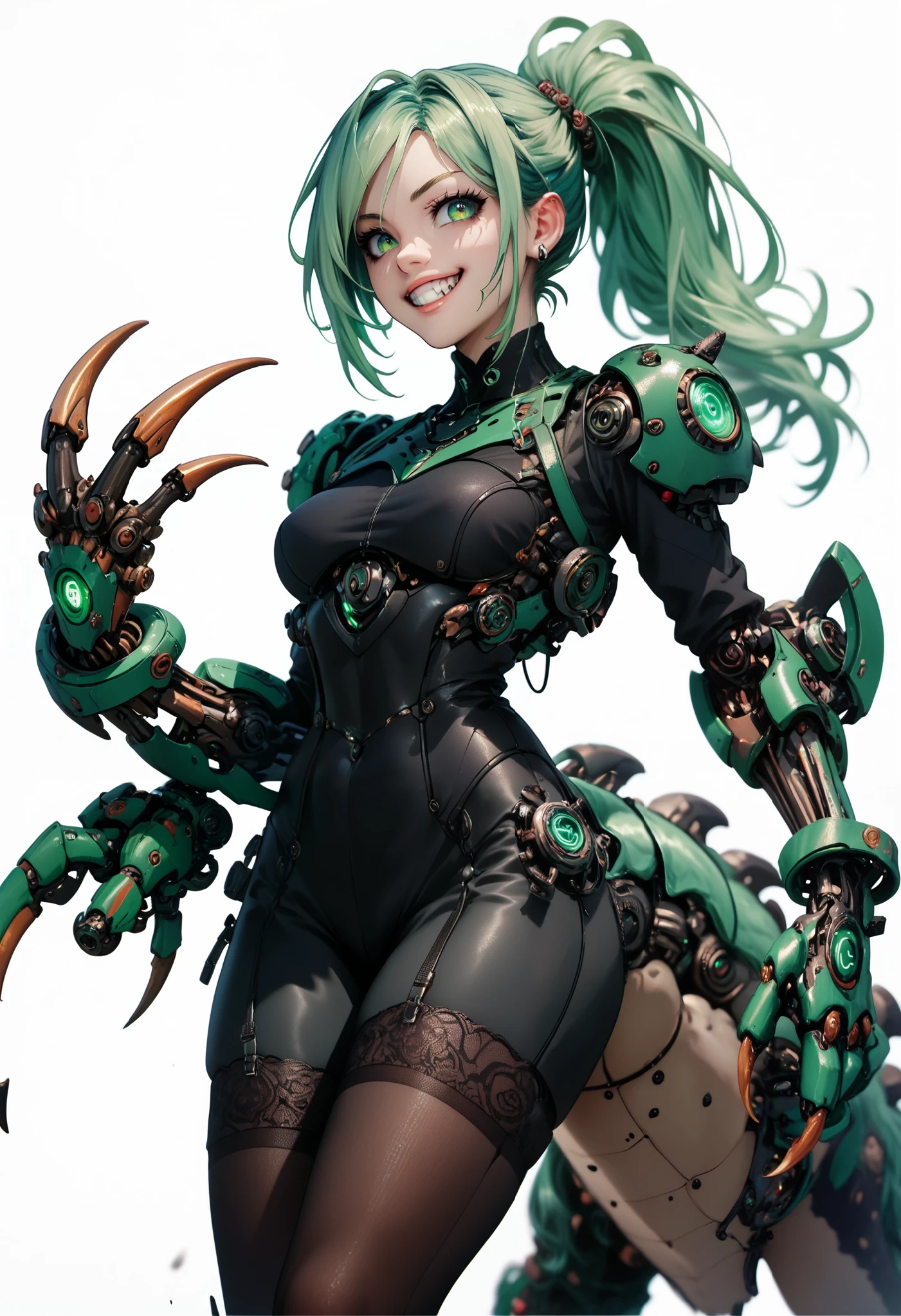 Mechanical centaur girl. Dragon style.. Body stockings. Jade green hair. Pony tail hair. Yandere. Grin. Big mechanical hands. Sharp claws. White background.