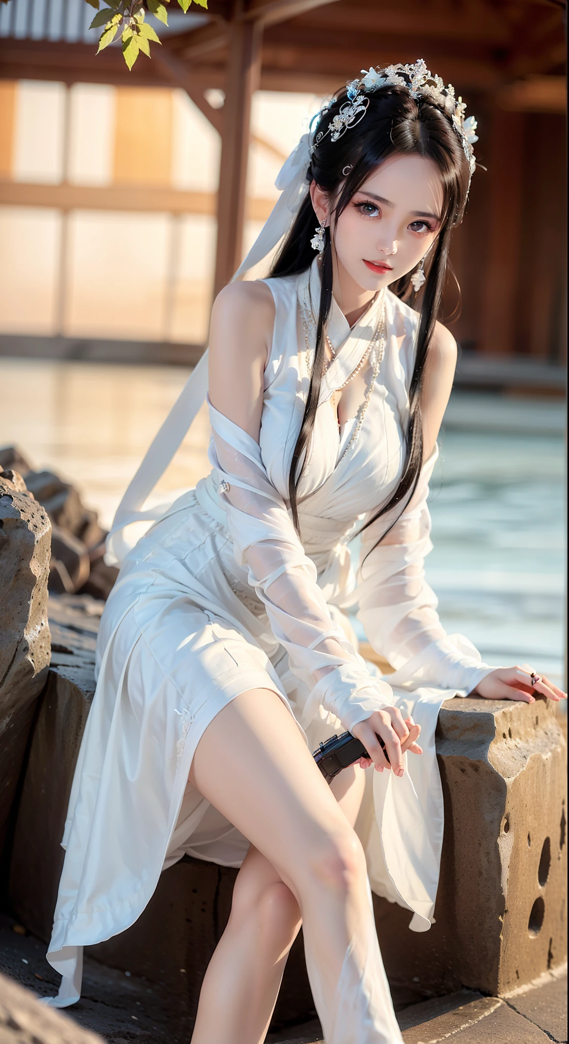 BAINV, (masterpiece, best quality:1.2), 1girl, 独奏, ((gufeng,bare shoulders)), at the hilltop，Moonlight，((night)), ((full body)), ((from below)), ((sitting position, sitting at the edge of a cliff)), figure of heroine，Slender sexy legs，very beautiful legs，Leaking sexy legs，Big breasts，beauty, mystery。Beautiful face，Otherworldly beauty。The bridge of the nose is straight，Lip color like cherry，Confident and calm。face chiseled，Skin as fair as jade，Makeup is light and delicate，Show her temperament and charm。Light foundation, Transparency of skin，perfect eyebrow shape，eye makeup,eye shadow,Eyeliner，Eyes are brighter and more energetic。Put on grace lipstick，Charm and sophistication。Clothes grace chic，Clothes flutter，Blown up by the wind，drifting into the distance。grace，Swinging action。Hair tied haphazardly behind the head，Secure it with a hosta，Strands of hair flutter gently in the wind，A beautiful landscape，Attract attention。beauty、grace、mystery