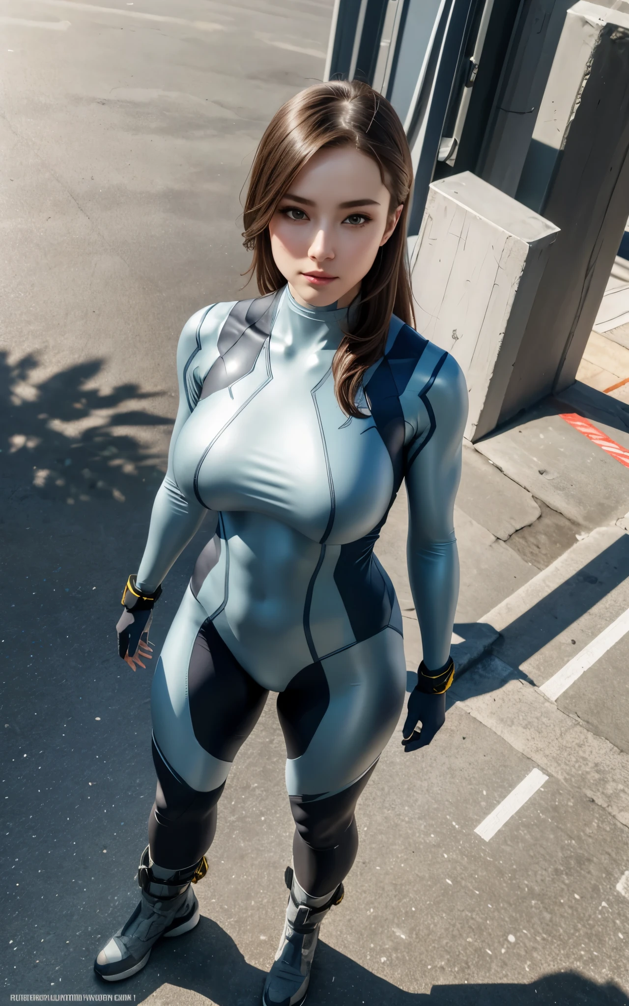 ((Best Quality)), (Detailed: 1.4), (Absurd), Caucasian female fighter pilot ready for war, front walking, muscular sculptural body defined, Closed mouth, muscular body covered by technological clothing, Cyberpunk, ((perfect large breasts)), close to real, Crazy face, Sexy Pose, Centered, scale to fit the dimensions, Subsurface Dispersion, PBR Texture, Post-processing, Anisotropy Filtering, depth of fields, Maximum clarity and sharpness, Multilayer textures, Surface Shading, accurate simulation of light and material interactions, Perfect proportions, Being on the roof of a skyscraper, Smooth bodysuit, silver zero suit, sheer bodysuit, Realistic