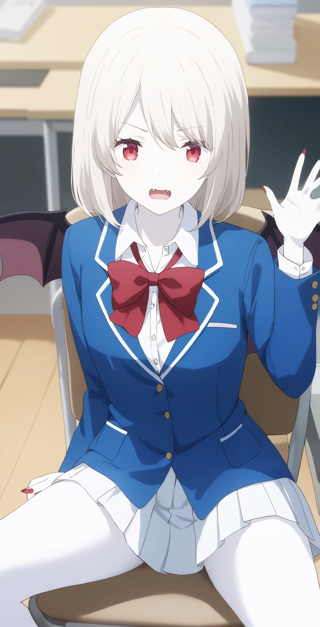 score_9, score_8_ up the side, score_7_ up the side, source_Anime, high definition , Anna, 1 girl, Alone, school uniform, red eyes, jacket , shirt, bow, white shirt, blue jacket , collared shirt, blazer, red bow, medium hair , bowtie, bangs, Pure white hair, skirt, up the sideper body, pure white and pale skin,Classroom with sharp fangs,surprised face,全身 pure white and pale skin, pure white hair,Red nails,Extremely sharp nails ,,vampire,vampire化小早川杏奈,Fingers5Books, bat wings are growing from the spine、 covers her mouth ,pure white and pale hair,Barely, serious face,machine, sitting on a chair,machineにノートと教科書を広げている,machineに筆記用具が置いてある