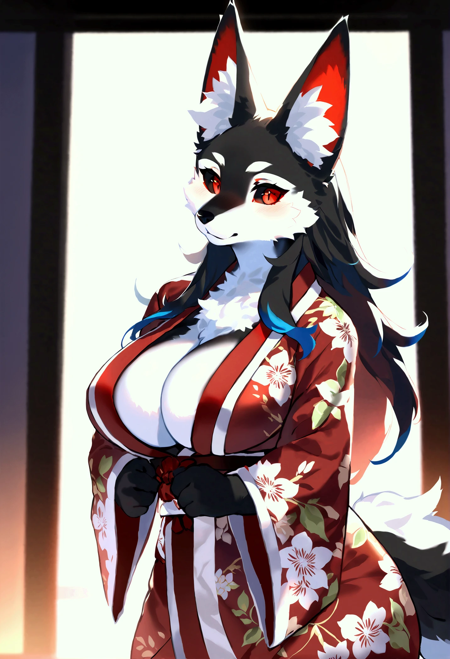 (masterpiece:1.2, best quality), (finely detailed beautiful eyes: 1.2), ((1girl)), ((solo)), (red eyes:1.4), (finely detailed eyes and detailed face:1.3), (beautiful and clear background:1.2), (extremely detailed CG, ultra-detailed, best shadow:1.1), ((depth of field)), ((watercolor)), kimono, large breasts, bare shoulders, flowers and petals, beautiful concept illustration, (white background:0.5), (illustration:1.1), (extremely fine and beautiful:1.1), (perfect details:1.1), yamato, massive breasts, looking at viewer, smile, happy, blush, cleavage, wink, hard , wide hips, thick thighs, white wet kimono, side boobs, seductive pose, red hakama,(((wolf face))) (((wolf anthro)))(8K, Best Quality, Masterpiece, Ultra High Definition, high quality face:1.5), (highly detaild), (((black skin)))(((wolf furry)))BIG BOOBS Quality, many realistic details.focus Director: Daeni Pinho, by pgm300, by zeekzag, by kevinsano:0.8, (by totesfleisch8), (((Pele rosa))) lingerie pink skin ( ((shading))) extreme detail detailed realistic painting ((( fluffy fur detailed))) ((realistic)), Uploaded on E621, by Garmash,Ruan Jia, Darkgem,on a custom body full of (((furry hair))) (((girl wolf wolf )))B y the neck long black alone, Extremely detailed view of, (by totesfleisch8:1.1),, best quality, Ask the(((wolf hair wolf)))