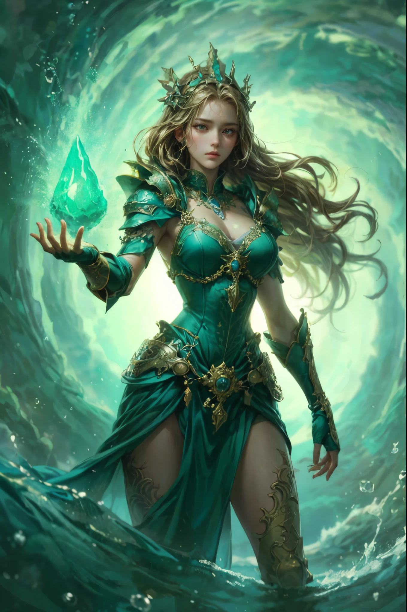 high details, best quality, 8k, [ultra detailed], masterpiece, best quality, (extremely detailed), full body, ultra wide shot, photorealistic, fantasy art, dnd art, rpg art, realistic art, an ultra wide picture of a female human (1.5 intricate details, Masterpiece, best quality) goddess of water  ((watery radiant aura)), controlling a swirling streams of watery magic (1.5 intricate details, Masterpiece, best quality), manipulating purple radiant magical symbols, [[divine symbols]] (1.5 intricate details, Masterpiece, best quality), human female, blue  hair, long hair with aura, hair with green radiant eyes, intense eyes, holding a trident, ((radiant eyes)), (( green glowing eyes)), dynamic clothing, fantasy sea background, stresms of sea water,  celestial  background, ((divine worship atmosphere)), high details, best quality, highres, ultra wide angle, crystalline dress, faize
