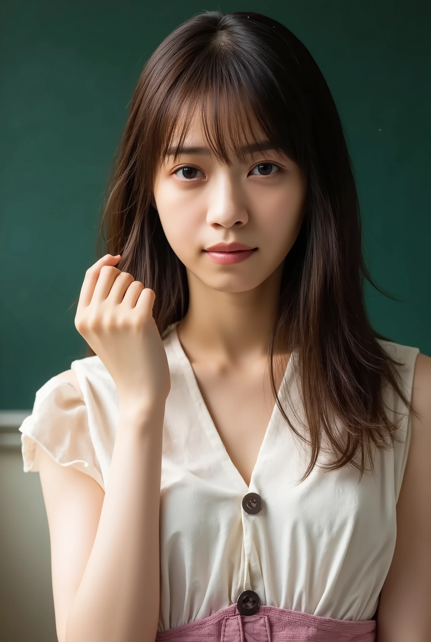 Analog, Nikon Z85mm, Photo, ((Best Quality)), ((Excellent:1.5)), ((Realistic)), Shining rays, High resolution, Detailed facial features, Extremely detailed, Clear focus, Smooth, Highly detailed view, Highly detailed body, Highly detailed skin, Octane render, Photo_\(Ultra\), Photo-realistic, Post-processed, (Maximum detail:1.8), Realistic shadows, Roughness, Real life, Ultra realisic, Photo realism, A photo of a, 8K Ultra HD, A photo of a, High resolution, Detailed, Sharp focus), Aesthetic, Extremely detailed clothing, (Anatomically correct:1.4), (Alone:1.5), (Dark eyes:1.5), (Extremely detailed eyes:1.5), ((With bangs)), (Long wavy dark brown hair:1.5), (Hourglass body:1.6), (perfect medium boobs:1.6), (beautifully detailed face:1.6), (defined cheekbones:1.5), staring at the viewer, captivating expression, captivating gaze, captivating smile, highly detailed eyes , (sexy), close-up portrait, (((standing with hands on hips))), (((full body shot))), blackboard in background, in classroom, (((sexy girl))), ((wearing tight white blouse:1.6)), deep cleavage, (((checkered flared mini skirt))), beautiful female hands , detailed hands, (anatomically accurate hands and fingers:1.8), warm lighting, cozy atmosphere .