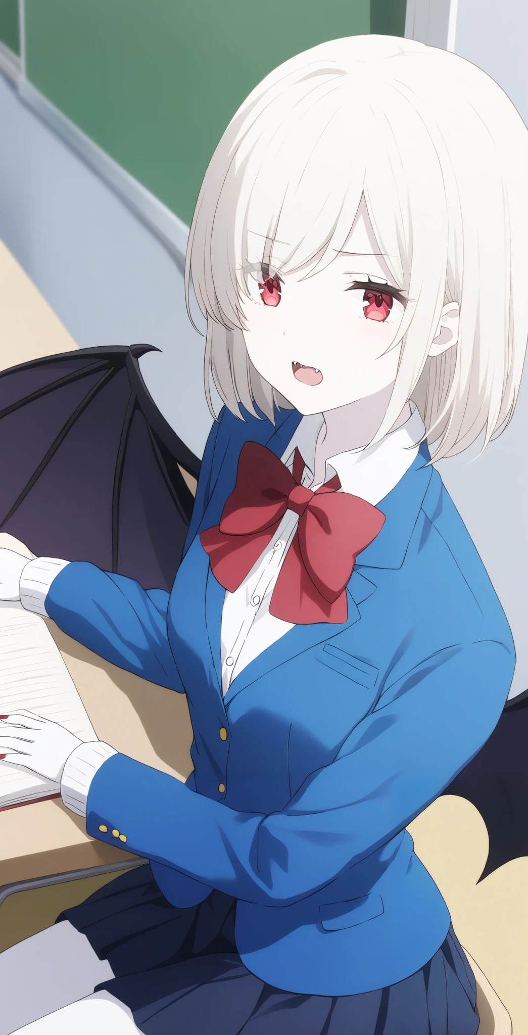 score_9, score_8_ up the side, score_7_ up the side, source_Anime, high definition , Anna, 1 girl, Alone, school uniform, red eyes, jacket , shirt, bow, white shirt, blue jacket , collared shirt, blazer, red bow, medium hair , bowtie, bangs, Pure white hair, skirt, up the sideper body, pure white and pale skin,Classroom with sharp fangs,surprised face,全身 pure white and pale skin, pure white hair,Red nails,Extremely sharp nails ,,vampire,vampire化小早川杏奈,Fingers5Books, bat wings are growing from the spine、 covers her mouth ,pure white and pale hair,Barely, serious face,machine, sitting on a chair,machineにノートと教科書を広げている,machineに筆記用具が置いてある