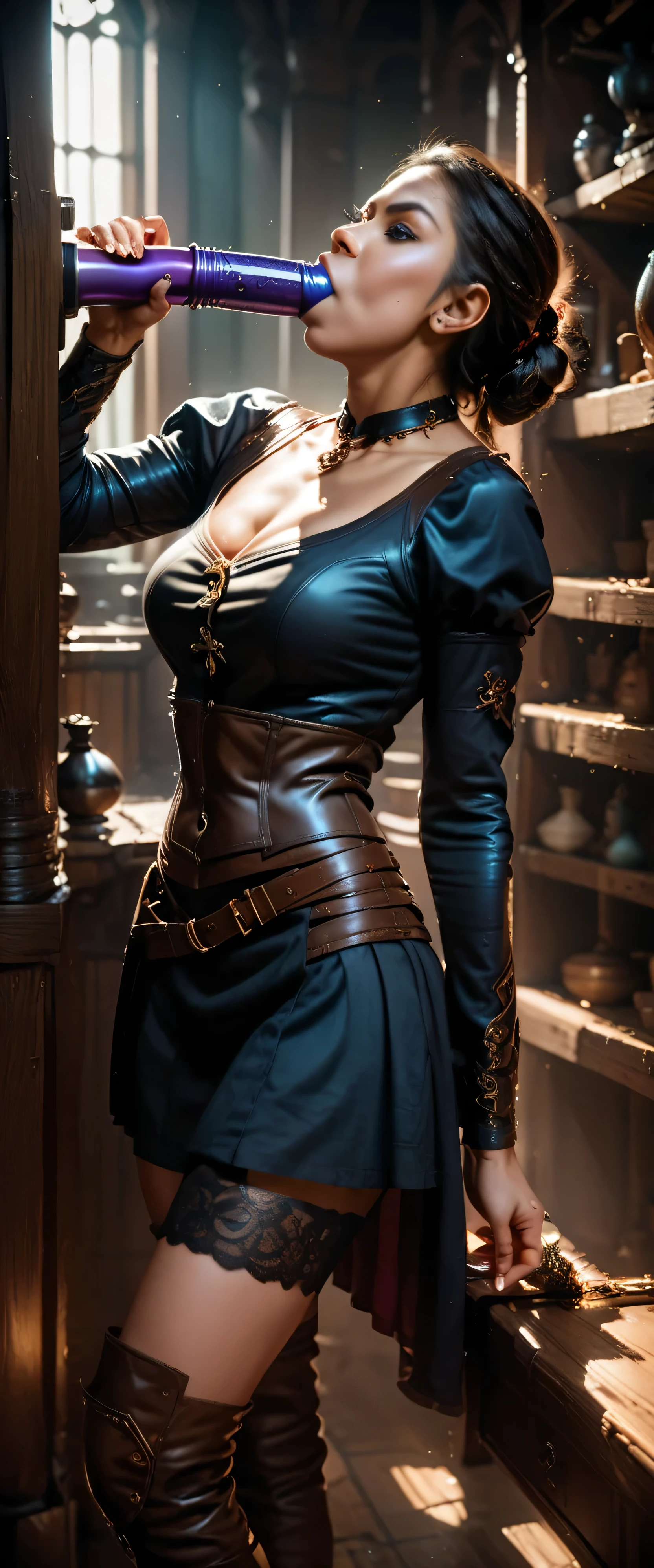 sfw,1girl,solo,girl is practicing a deepthroat_blowjob with dildo at dark cellar