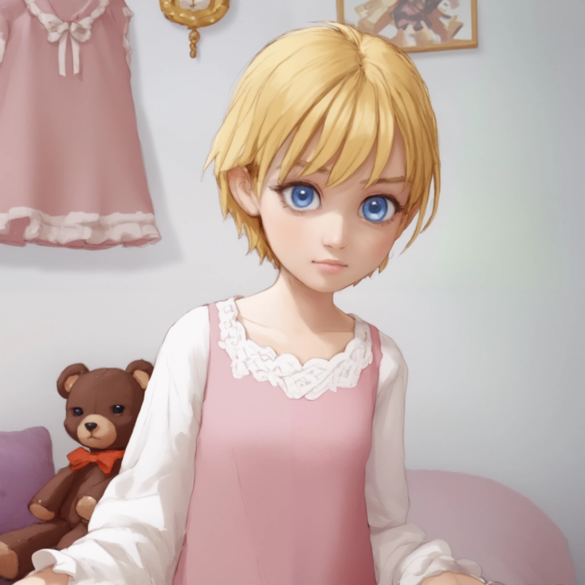 a very young ,cute cheeks Long dress in pink pajamas 、 Full image of a girl holding a teddy bear , blue eyes、 Light pink room in the background 、 short hair, mystery,bow hair, whole body,bed in the background 、 Blue eyes and short hair ,quarto feminino beautiful, beautiful, fofo, hair fringe ,penteado babydoll, blonde looking at the camera 、 A beautiful woman in a long red dress and holding a little bear is surrounded by a black teddy wolf in the background.、 Full image of the 、smaller breasts、 Closed windows
Make the entire image fit the frame 。