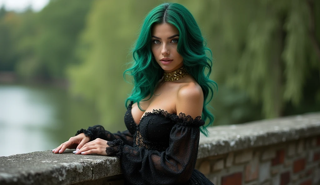(best quality,4k,highres,masterpiece:1.2),ultra-detailed,realistic,portrait,dark,green hair and eyes,long hair,beautiful detailed face,feminine,fantasy,attractive,black leather sofa,black and gold bra and skirt,relaxed pose,vivid colors,soft lighting