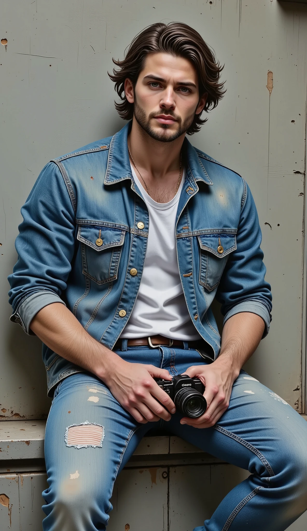 young man, lean muscular physique, wearing white t-shirt and blue jeans, denim jacket, sitting in a studio room, looking in