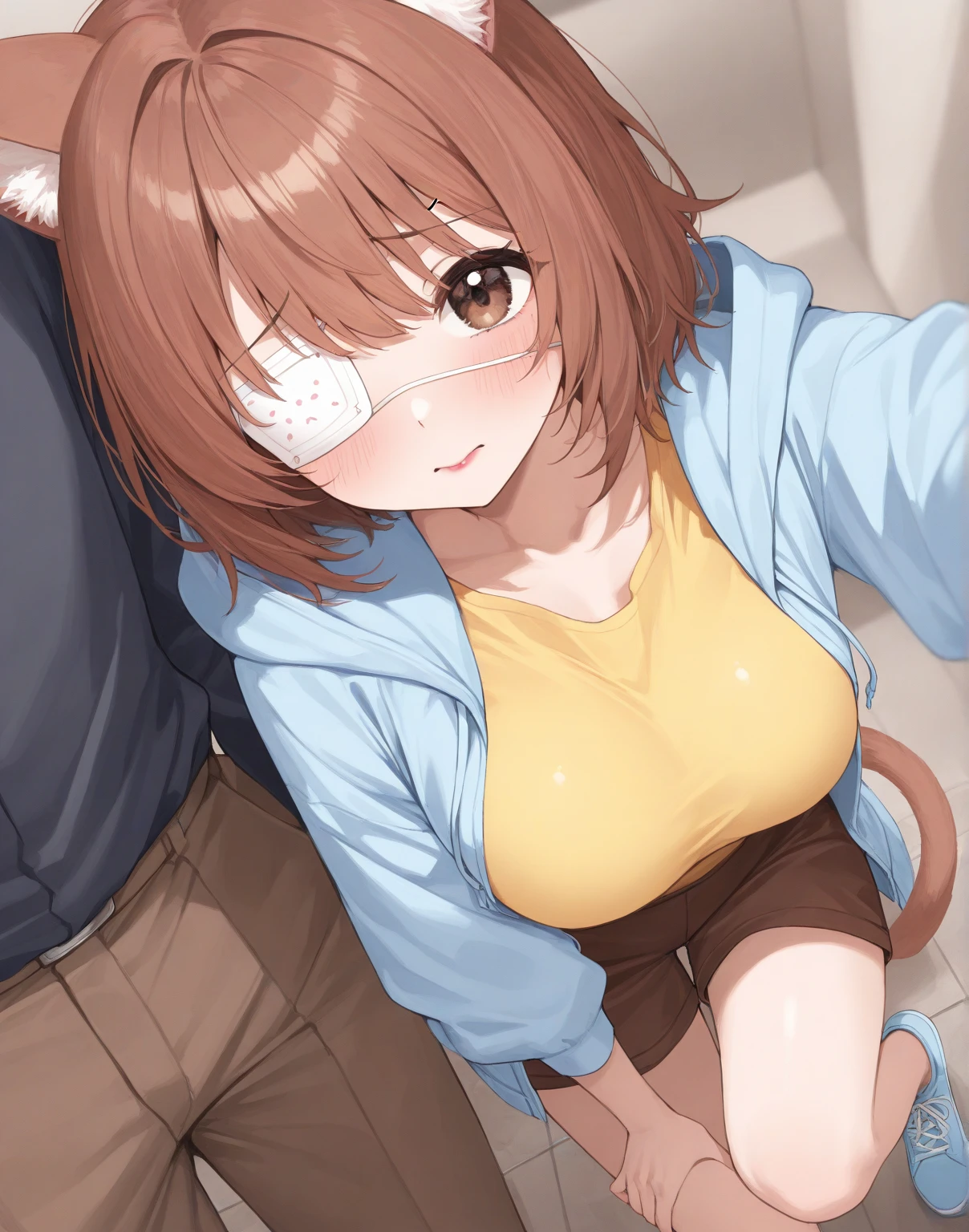 (((masterpiece, ultra-detailed))), Anime Style, 1Girl , 1BOY(Faceless, muscular man,large penis, steaming hot penis), nsfw, HETERO, nude, upper body, Bedroom, BREAK ochako uraraka, brown eyes, brown hair, short hair, blush, blush stickers, big butt, big breasts, small waist, Emotionless, full-face blush, close mouth, ((two-handed handjob)), motion blur on hands, motion lines, looking at penis , heavy breathing
