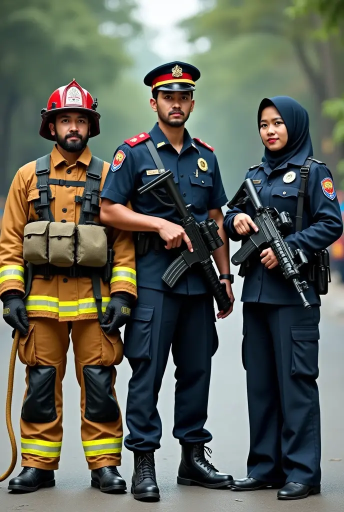 A picture of a Malaysian firefighter, a man fully dressed in uniform holding a hose, a fully uniformed and armed male ATM soldier, as well as a female Malaysian PDRM police officer wearing a hijab is standing next to him