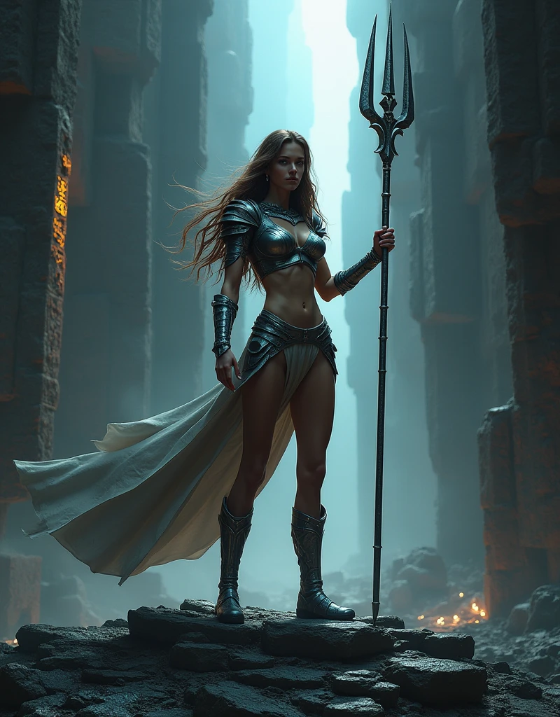 photorealistic digital painting of a young woman standing near the edge of a cliff overlooking the ocean during a violent storm, thunderstorm, tsunami, 1girl, full body, Elementalist, sorceress, soft focus lens, focus blur, view from 100 yards away, looking to the horizon, back profile, view from above, (nsfw:1.2), (sexy:1.2), long dark red hair, loose hairstyle, hourglass figure, pale skin, white leather slit-leg dress, medium natural breasts, bare stomach, (winged valkyrie helmet:1.1), (gold winged shoulder armor), white flowing cape, (magical blue greatsword:1.1), (high heel strap shoes:1.1), deity, magical, enchanting:1.1), fantasy art, navy blue color theme, [blue sapphire], [unlimited power], (lust:1.1), (desire:1.1), [fantasy art], hurricane and lightning background, cinematic lighting striking ground, a (massive 120-floor spiraling tower: stands ominously atop a mountainous plateau in the background, dragons fly in circles atop the tower, <lora:Raid_Arbiter:1>, <lora:picxer_real:1>