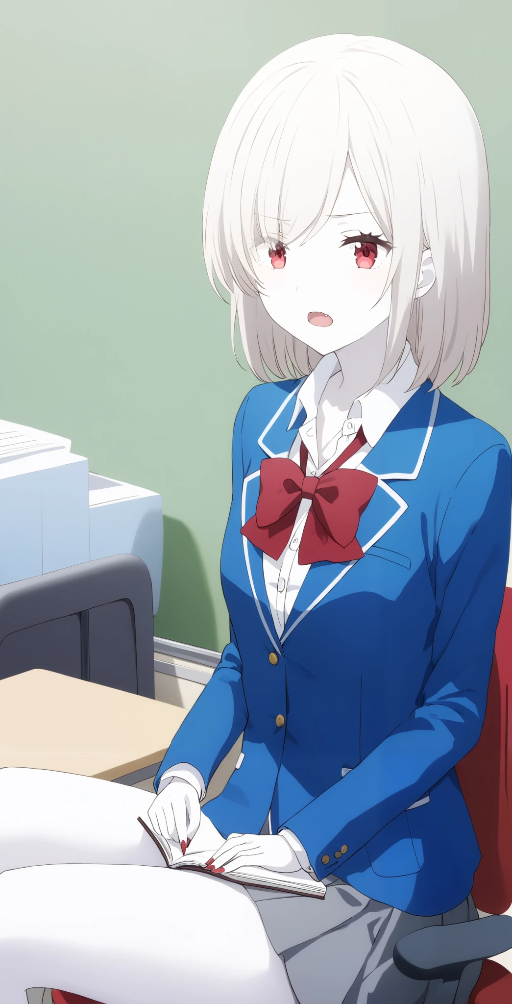 score_9, score_8_ up the side, score_7_ up the side, source_Anime, high definition , Anna, 1 girl, Alone, school uniform, red eyes, jacket , shirt, bow, white shirt, blue jacket , collared shirt, blazer, red bow, medium hair , bowtie, bangs, Pure white hair, skirt, up the sideper body, pure white and pale skin,Classroom with sharp fangs,surprised face,全身 pure white and pale skin, pure white hair,Red nails,Extremely sharp nails ,,vampire,vampire化小早川杏奈,Fingers5Books, bat wings are growing from the spine、 covers her mouth ,pure white and pale hair,Barely, serious face,machine, sitting on a chair,machineにノートと教科書を広げている,machineに筆記用具が置いてある