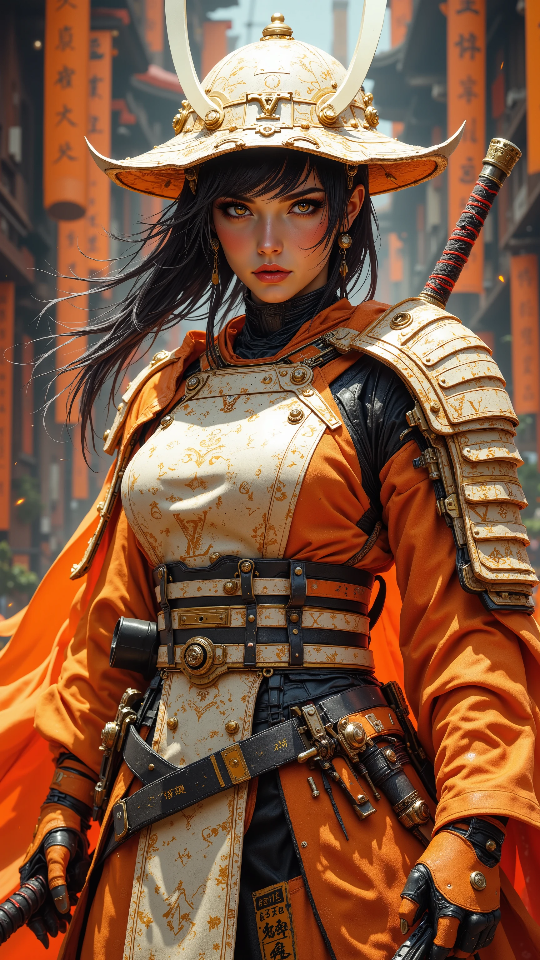 8k, masterpiece, highest quality, Surrealism, female, Louis Vuitton Samurai armor, futuristic design, beige and orange colour scheme, dual katana sword, monogram pattern, cyberpunk samurai, high contrast, sharp focus.