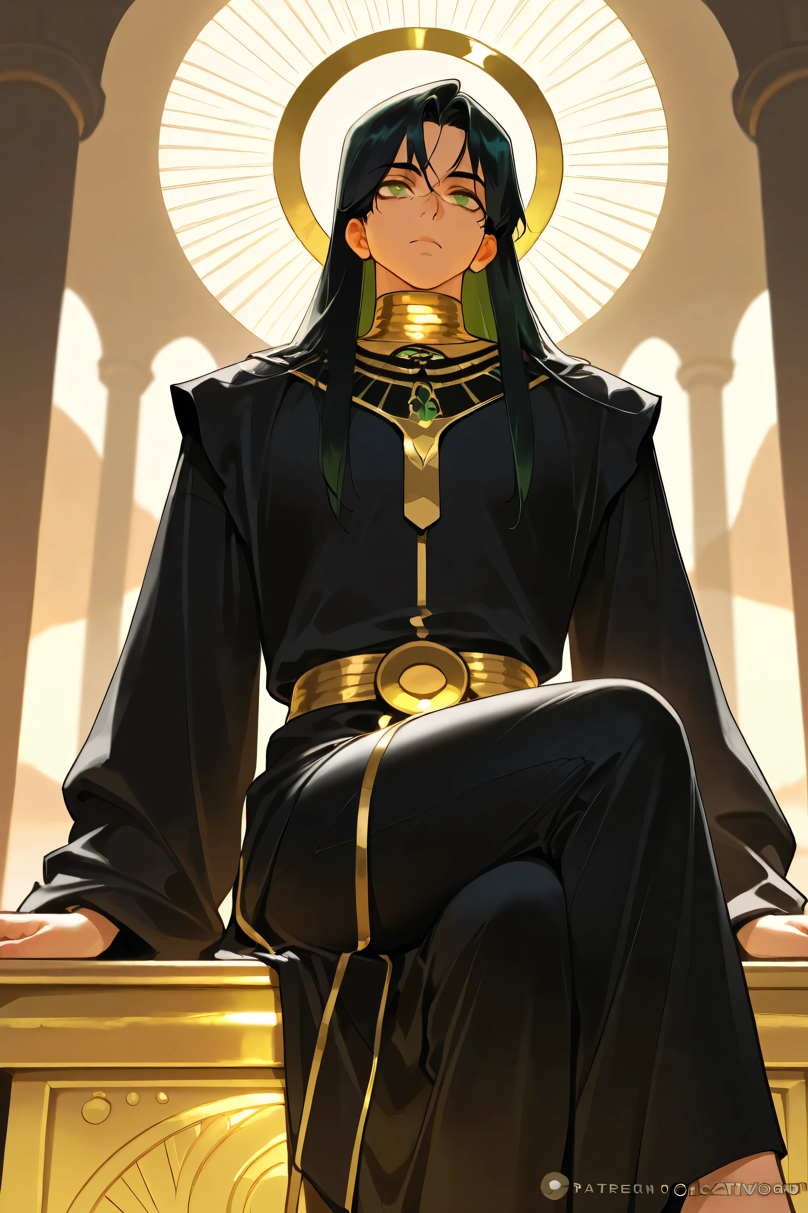 best quality, masterpiece, high resolution, 1male, solo,black robe,black pants, egyptian_landscape, black hair, long hair, sitting on altar,cross legs, expressionless, surrounded_by_gold, warm_lighting, mystical_atmosphere,green eyes