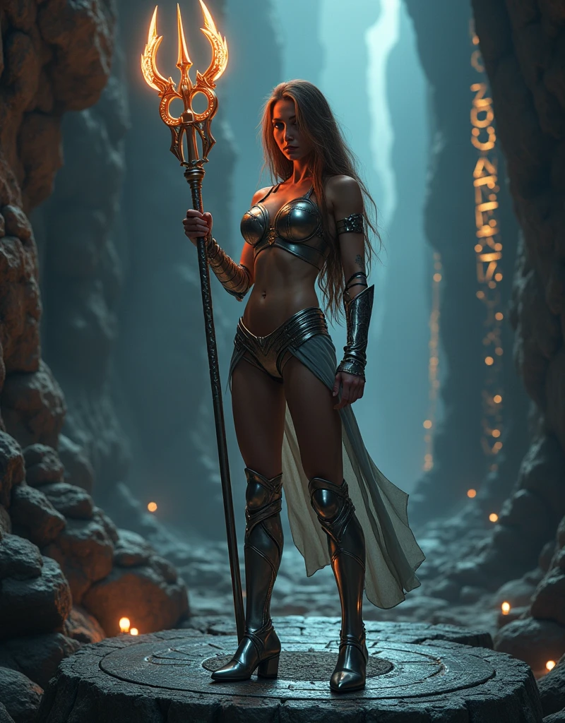 In a (lush jungle:1.3) setting, in the middle of the misty veil formed by (majestic waterfalls:1.3), a sublime blonde warrior sits on a rock, her gaze piercing directly into the camera lens. The (dark night sky:1.3) above is lit by a (fiery red moon), casting an unearthly glow. A (brazier) projects its glow on a magnificent (huge claymore planted in a rock). Her perfect physique is highlighted by (beautiful bikini armor:1.5) adorned with (lava and flames:1.3). Her black tiara, made from black horns, rests on her long blonde hair and she wears a sensual smile.The gentle flow of the river creates a calming hum, while the warrior's confidence radiates through the cinematic frame. (Darkness:1.3). (Lava Armor, flames Armor, Big pike armor:1.3)