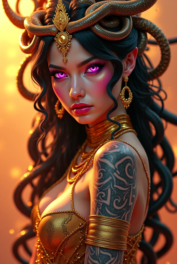 A beautiful gogona goddess Medusa with hair made of snakes, a golden fantasy crown, seductive neon fuchsia eyes, with current and fashionable tattoos on her arms, a dress with many golden chains.