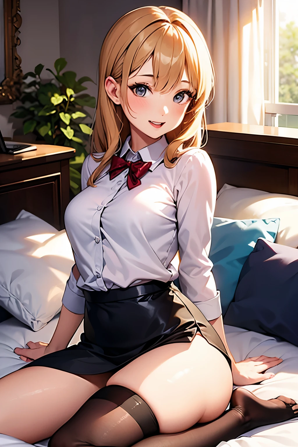 anime, beautiful face, highly detailed face, detailed perfect eyes, perfect hair, perfect lips, perfect hands, perfect fingers, perfect legs. highly detailed background, perfect lighting, full bod,y, 1girl, solo, ruby hoshino, ruby, oshi no ko, bedroom, heels, blonde hair, thighhighs, stockings, bedroom, absurdres, high res, ultrasharp, 8K, masterpiece, looking at viewer, (sexy pose:1.4), (full body:1.5), teasing face, school outfit, school uniform, unbuttoning shirt, mini skirt, cleavage, stockings, leaning forwards, directly facing the viewer, hands on breasts, holding breast