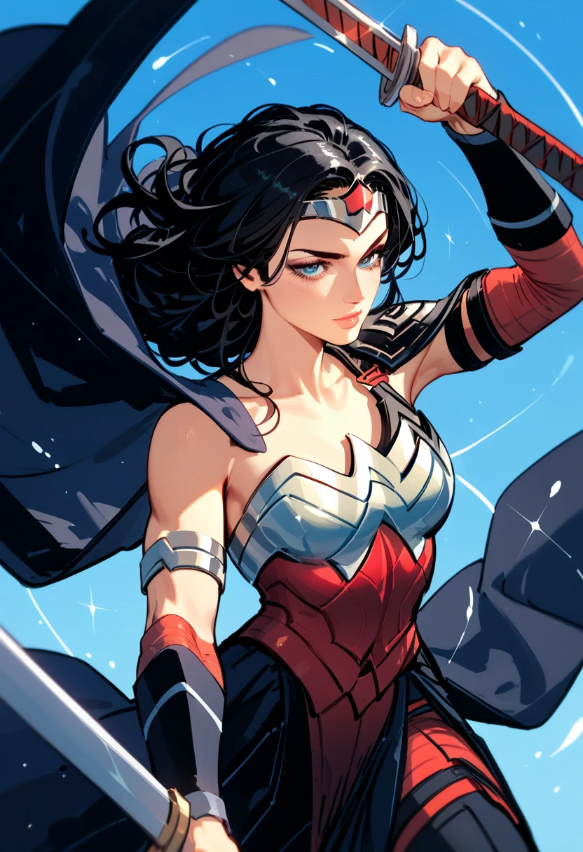 Imagine a gender-swapped Izuku Midoriya (Deku) from *My Hero Academia* reimagined as a formidable and elegant Wonder Woman. She has her iconic green hair styled in a sleek, sophisticated manner, possibly in a high ponytail or an elegant updo, with a few strands framing her face. Her bright green eyes are fierce and determined, reflecting Wonder Woman's strength and heroic spirit.
She is dressed in a powerful Wonder Woman-inspired outfit:
- **Armor:** A vibrant red, form-fitting bustier with a gold eagle emblem across the chest, embodying Wonder Woman’s classic look. The armor is detailed with ornate gold patterns and a metallic sheen, emphasizing her warrior status. She wears a blue, star-spangled skirt or shorts that complement the top and highlight her athletic build.
- **Accessories:** Golden knee-high boots with intricate designs and a polished finish. A pair of gold, cuff-style bracelets on her wrists, reminiscent of Wonder Woman’s iconic cuffs. She also wears a golden tiara with a red star emblem, symbolizing her royal and heroic nature.
- **Additional Gear:** She wields Wonder Woman’s magical lasso of truth, which glows or shimmers to enhance its mystical properties. Additionally, she might hold a shield or sword, emphasizing her role as a warrior and protector.
Her pose is strong and commanding, possibly standing with one hand on her hip and the other holding her lasso or weapon. Her expression is confident and resolute, with a look of determination and courage that mirrors Wonder Woman’s heroic essence.
The background could be an epic setting, such as an ancient battlefield or a grand, mythological landscape, adding to the dramatic and heroic atmosphere. The image should capture every detail of her costume and accessories with high precision, creating a visually stunning and empowering representation of female Deku as Wonder Woman.