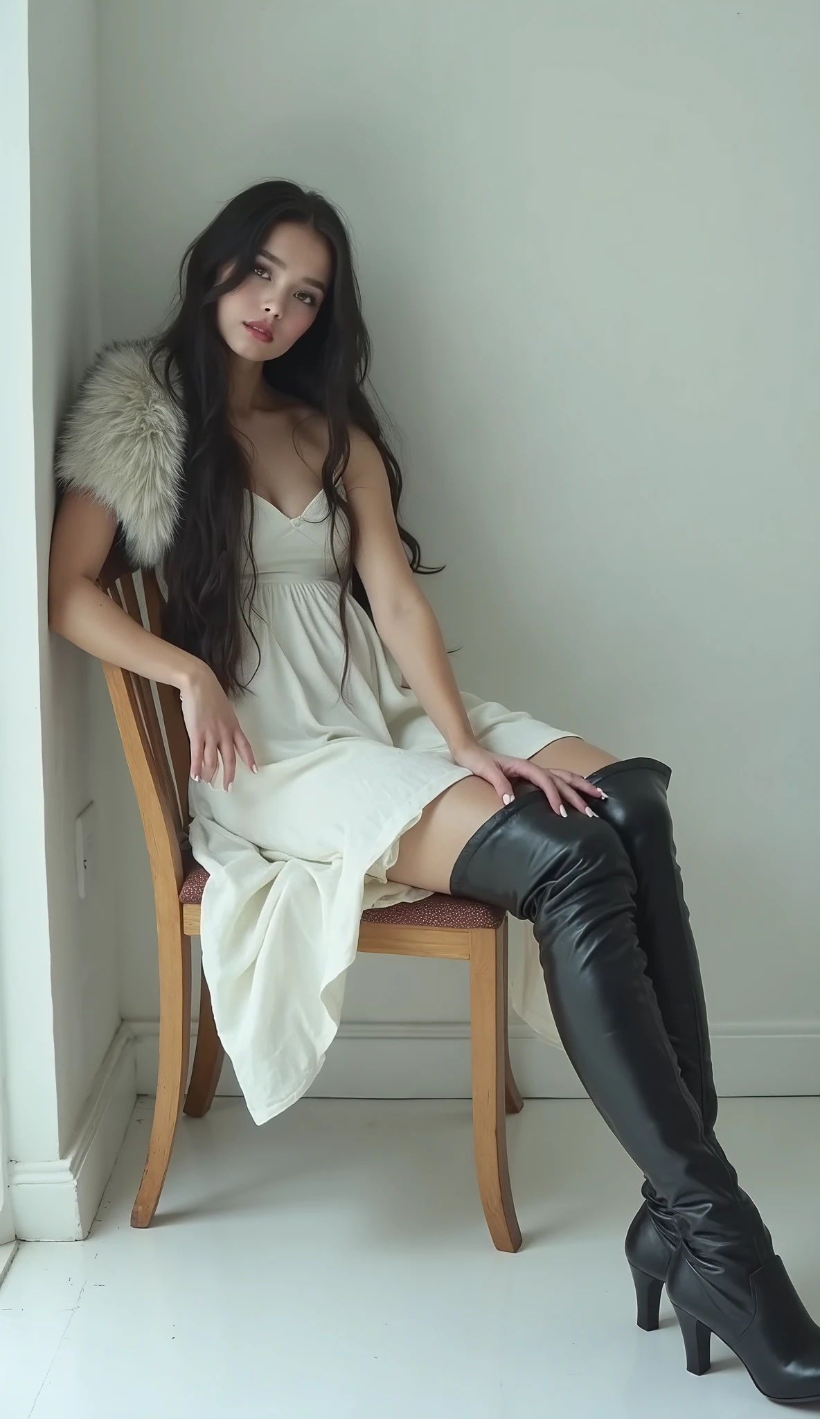 {Small breasts:1.2},{cowboy shot:1.5},{{I can see your pussy}},{{no dress,Naked:1.5}},(best quality, masterpiece, 16K, ultra detailed, {{Shining skin}}, professional lighting) {{1 girl:18 yo, full body, naked, (completely nude), just}},,{{shinjng pussy:1.1),{{(((No pants、pubic hair:1.2)))}},{{nipple}},{{{{ Double eyelids, Big eyes }}}},{{metallic eyeshadow}},{{lipstick}},{{Bob Cut}}、
{{Sitting on a wooden chair}},{{Spread your legs:1.2}}