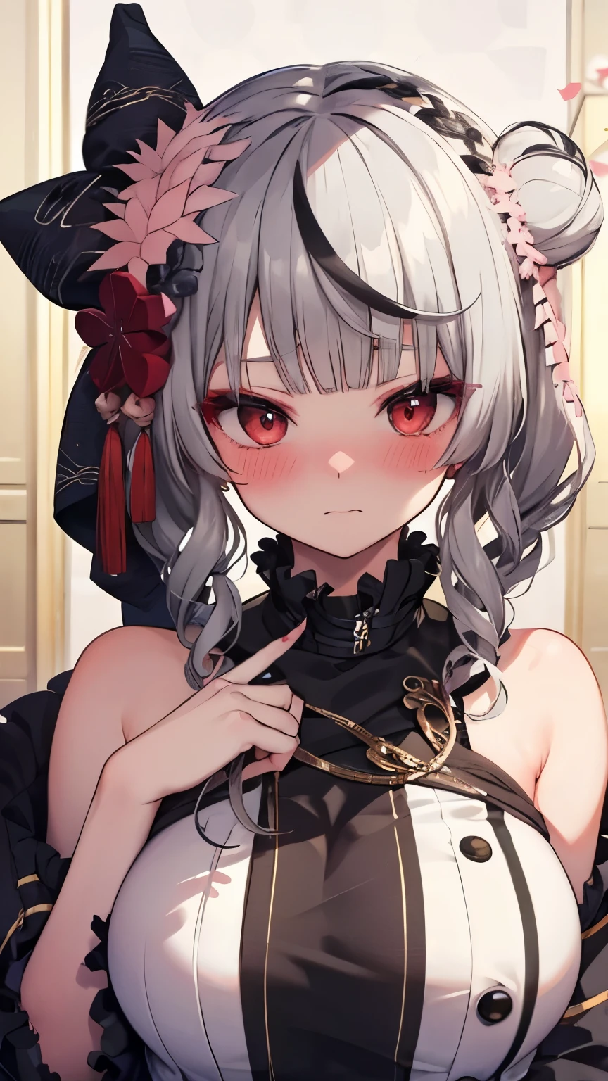  Silver Hair、 red eyes、 straight long hair 、 Twin Tails、 beautiful girl、Black vertical sweater、 plump body、 Model Body Type 、 high school students、Big Breasts、blush、Too much exposure、 tsundere、bashful face、 is blushing and embarrassed、 face up 、