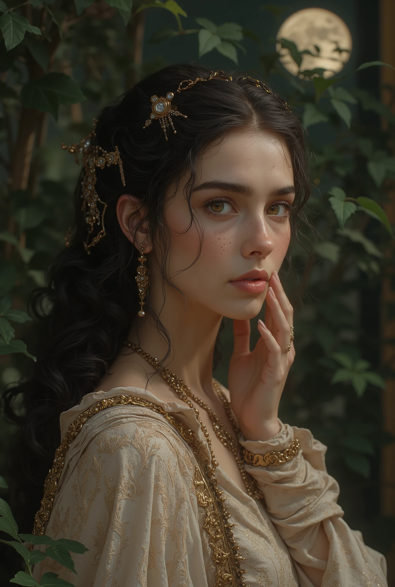 A masterpiece portrait of a mature, intellectual Arabian princess with a serene expression, long dark curly hair in an elaborate updo with hairpins, soft pink lips, and a close-up of her delicate face and hands, set against a backdrop of lush green foliage and a full moon, highly detailed, photorealistic, 8k, HDR, cinematic lighting, muted color palette