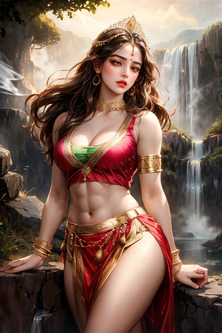 1girl, beautiful, perfect lighting, muscular, thighs, mature female, milf, navel, abs, looking at viewer (masterpiece, high quality:1.1) ,barbarian, warrior,
