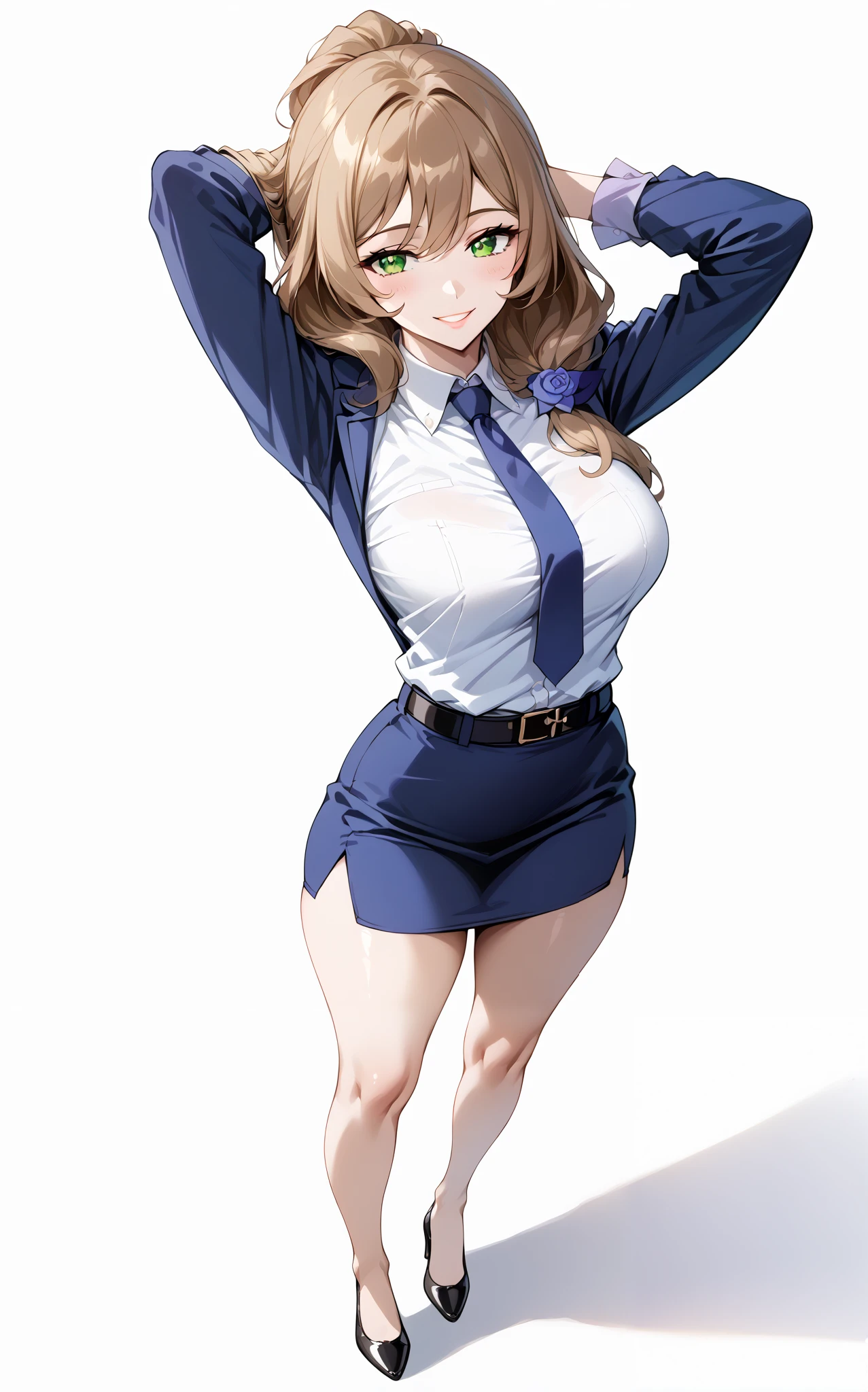 score_9, score_8_up, score_7_up, source_anime, 4K,perfect fingers,(perfect hands, perfect anatomy),prefect lighting, very aesthetic, intricate details,highly detailed background, masterpiece, high quality, best quality,
1girl,lisaminci, lisa minci, brown hair, green eyes, long hair, low tied hair, large breasts,,
wearing ((office lady, )),,
looking at the spectator, filed, ((arms behind head:1.5)), high thigh individual , (large breasts:0.9),Stand up,((fullbody:1.5)),((White plain background:1.5)) ,((Seductive smile)),((top view:1.5)),looking at viewer,