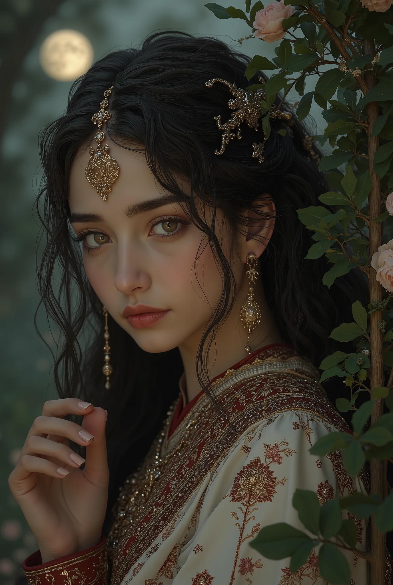 A masterpiece portrait of a mature, intellectual Arabian princess with a serene expression, long dark curly hair in an elaborate updo with hairpins, soft pink lips, and a close-up of her delicate face and hands, set against a backdrop of lush green foliage and a full moon, highly detailed, photorealistic, 8k, HDR, cinematic lighting, muted color palette