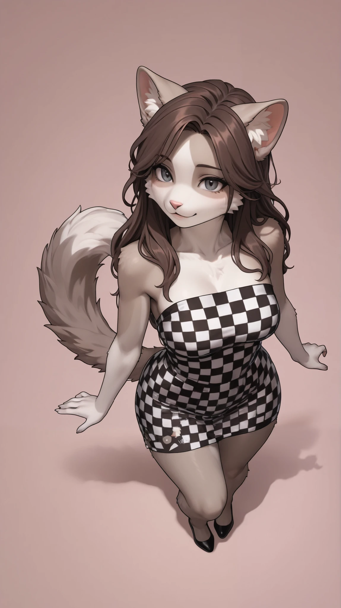 anthro cat, woman, 21 years old, furry, fluffy fur, tail, medium breasts, long hair, pretty face, perfect face, detailed hair, isometric style, perfect hands, perfect eyes, beautiful, curvy, shoulder free, checkered dress, view from above 