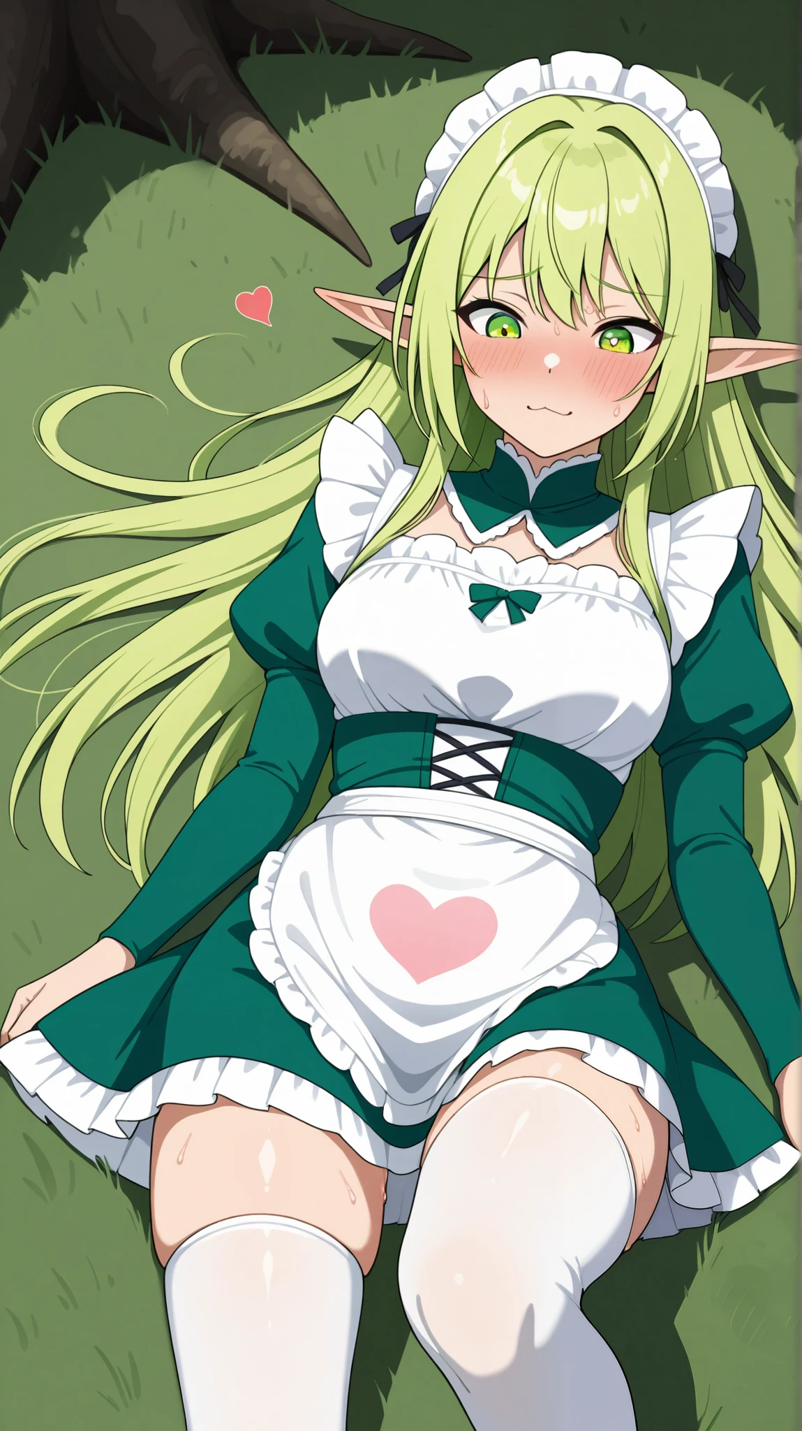 Long straight light green hair, emerald color eyes, short and heart shaped face, elf girl, long elf ears, laying on grass, embarrassed, looking down, suggestive position, sweaty, medieval maid dress, sizes: bust 29 inches, waist 21.75 inches, hips: 30.45 inches