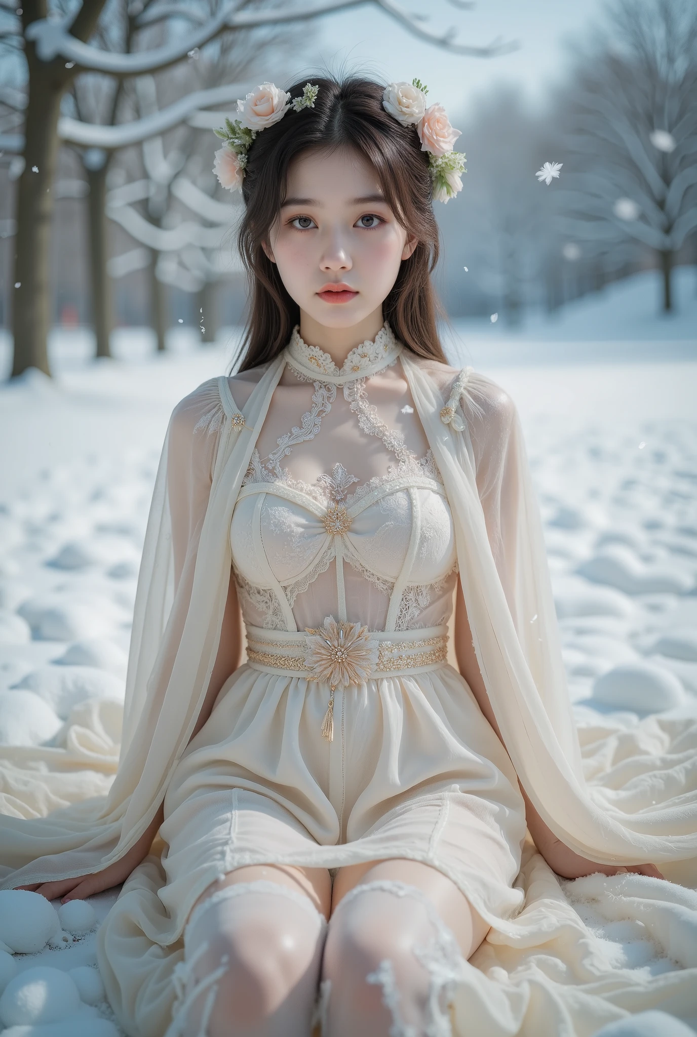 a young girl sitting wearing a lolita style dress with a cape, detailed face and eyes, winter outdoor scene with snow, masterpiece, 8k, highly detailed, photorealistic, dramatic lighting, muted color palette, cinematic composition